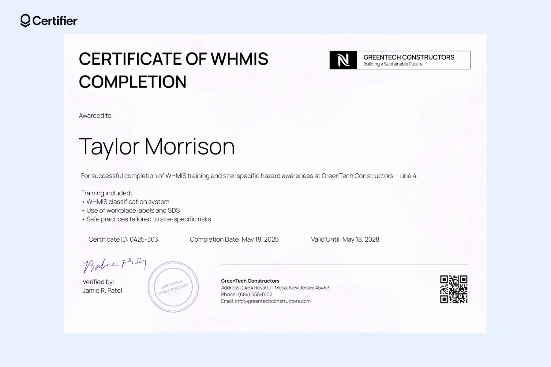 Blank WHMIS certificate template for class or course completion with QR code to review details, blue background; it can document training on hazards and chemicals and print for records. Blank WHMIS certificate template for class or course completion with QR code to review details, blue background; it can document training on hazards and chemicals and print for records.
