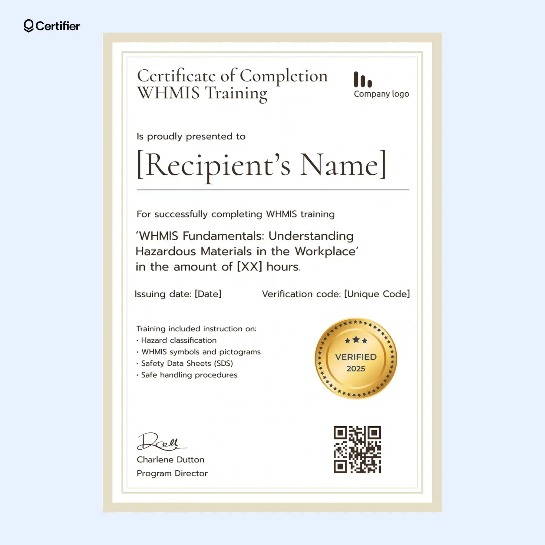 WHMIS training certificate for hazardous product regulations with QR code and safety data sheets section. WHMIS training certificate for hazardous product regulations with QR code and safety data sheets section.
