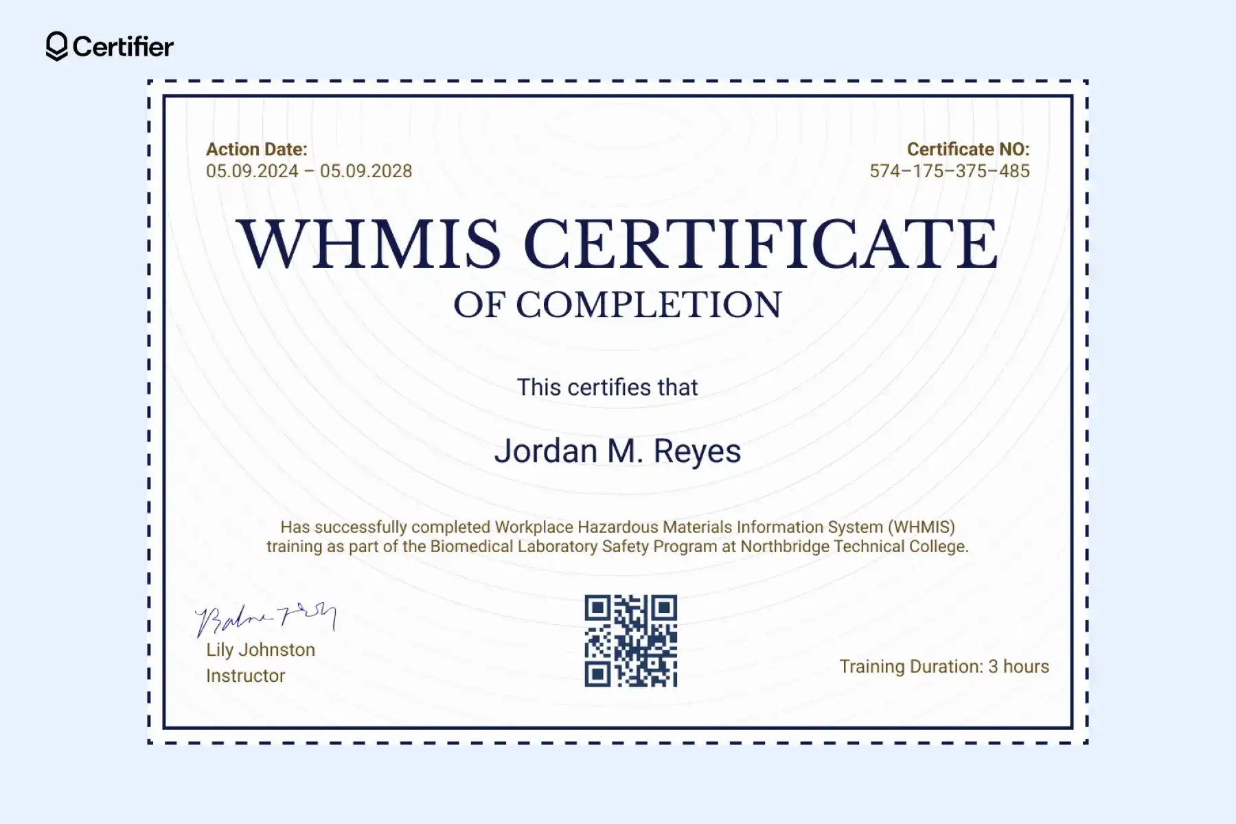 Printable WHMIS certificate with action dates and SDS info for hazardous materials class; with enough space for pictograms or other graphic elements. Printable WHMIS certificate with action dates and SDS info for hazardous materials class; with enough space for pictograms or other graphic elements.