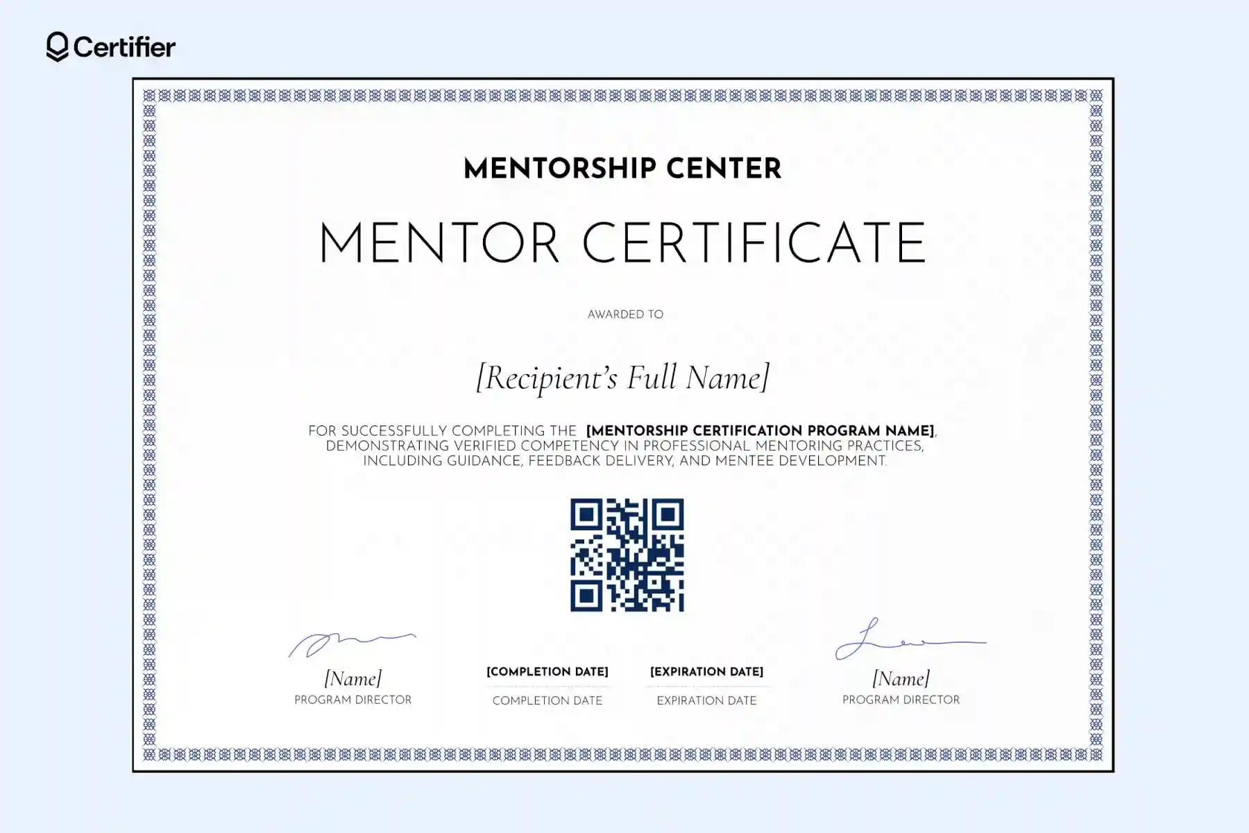 Minimalist mentorship mentor certificate template with white, structured background and centered QR code. Minimalist mentorship mentor certificate template with white, structured background and centered QR code.