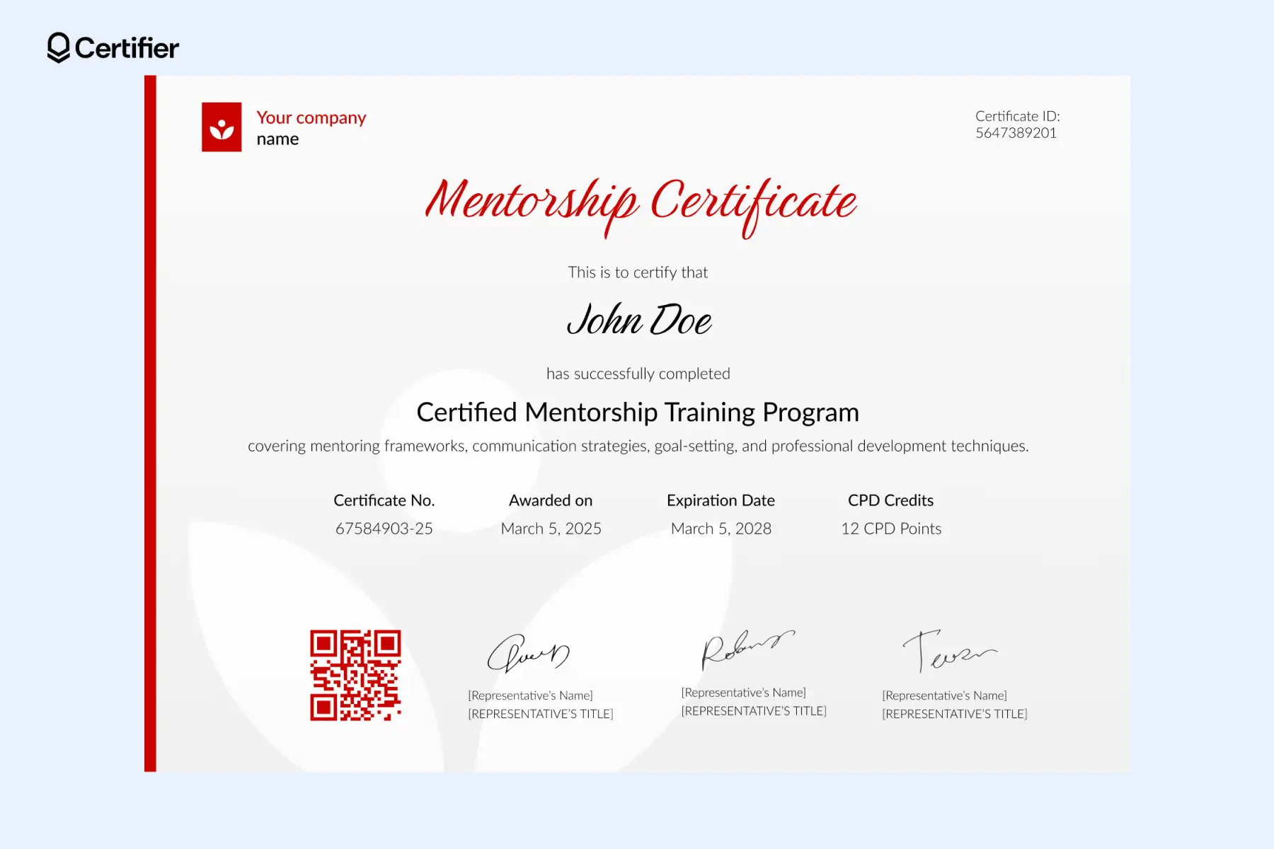 Red editable mentorship program completion certificate with clear fields, hand-written signatures and digital QR code. Red editable mentorship program completion certificate with clear fields, hand-written signatures and digital QR code.