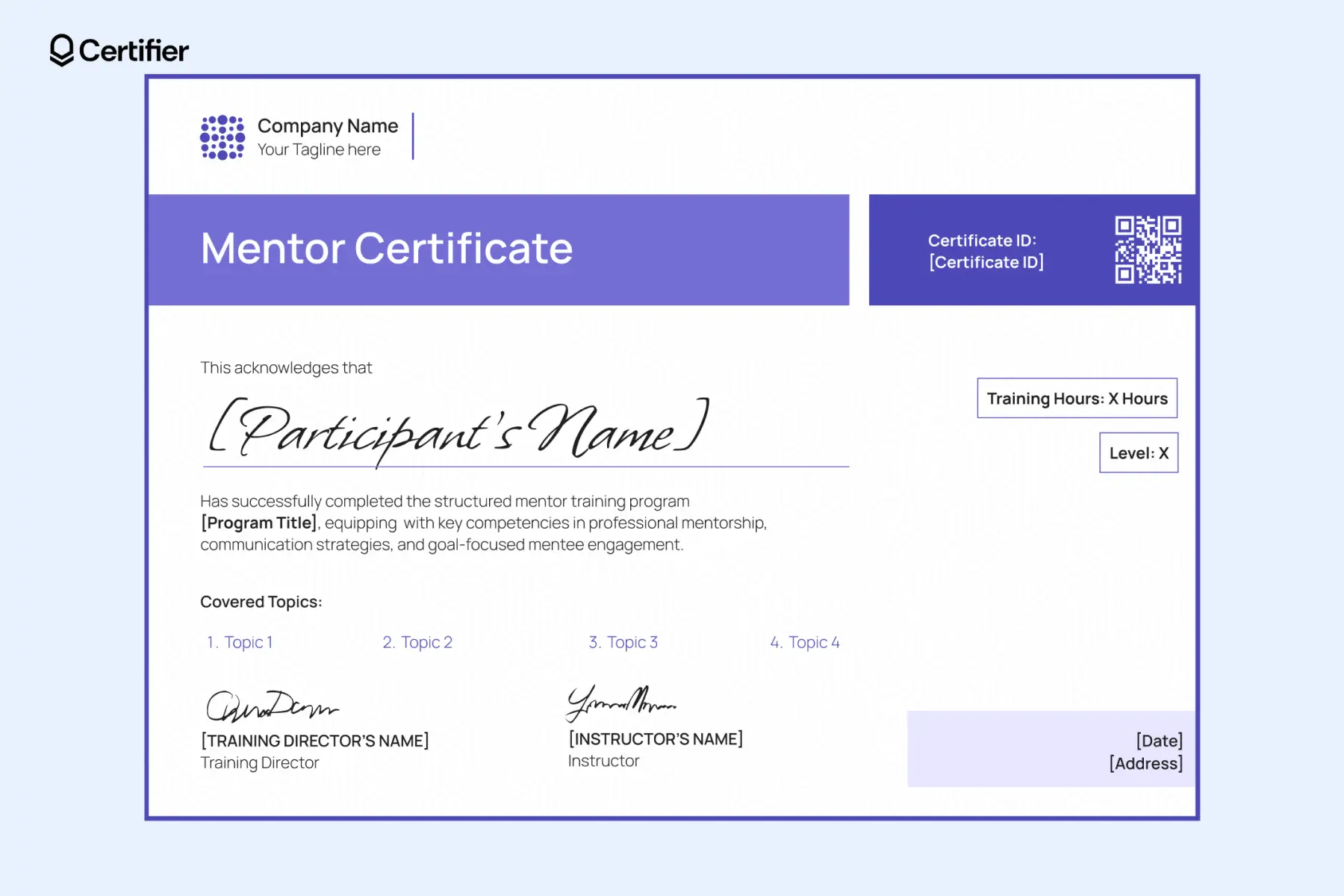 Mentor certificate template with purple highlights, editable topic list and QR validation; ideal for mentorship certificate programs. Mentor certificate template with purple highlights, editable topic list and QR validation; ideal for mentorship certificate programs.