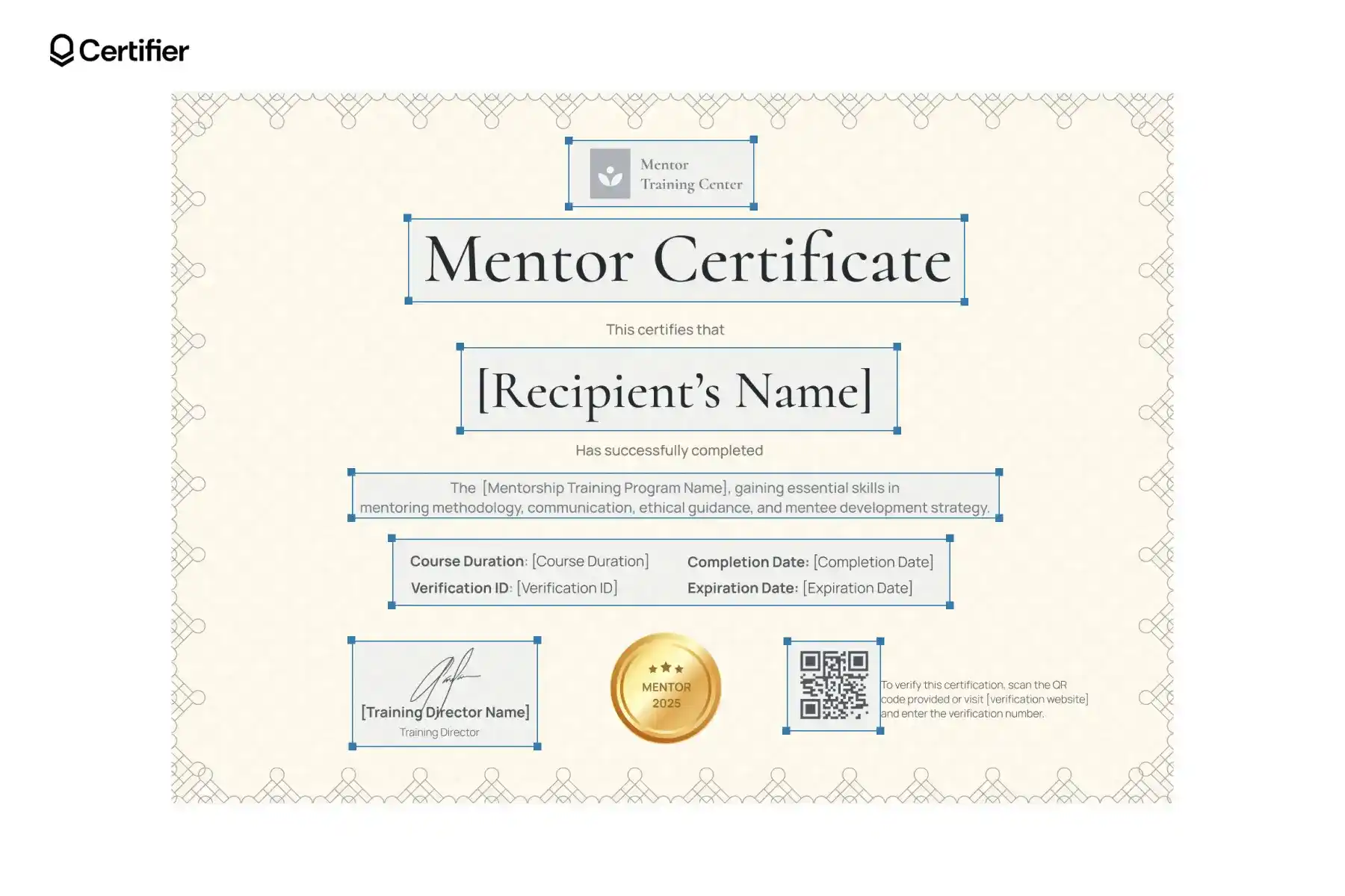 Warm and vintage-style mentor certificate of appreciation template with detailed border design and gold badge. Warm and vintage-style mentor certificate of appreciation template with detailed border design and gold badge.