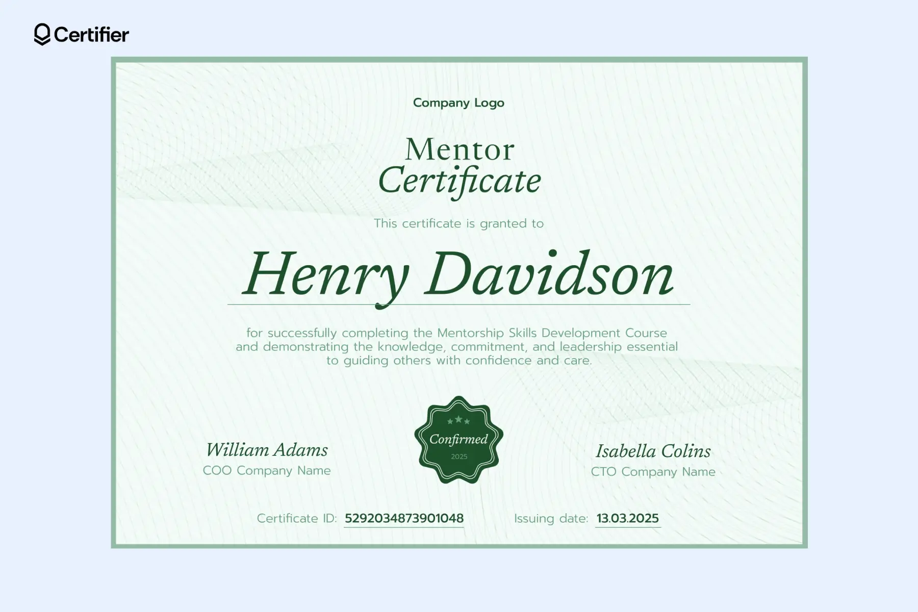 Structured mentor certificate template for program completion with green palette and a badge. Structured mentor certificate template for program completion with green palette and a badge.