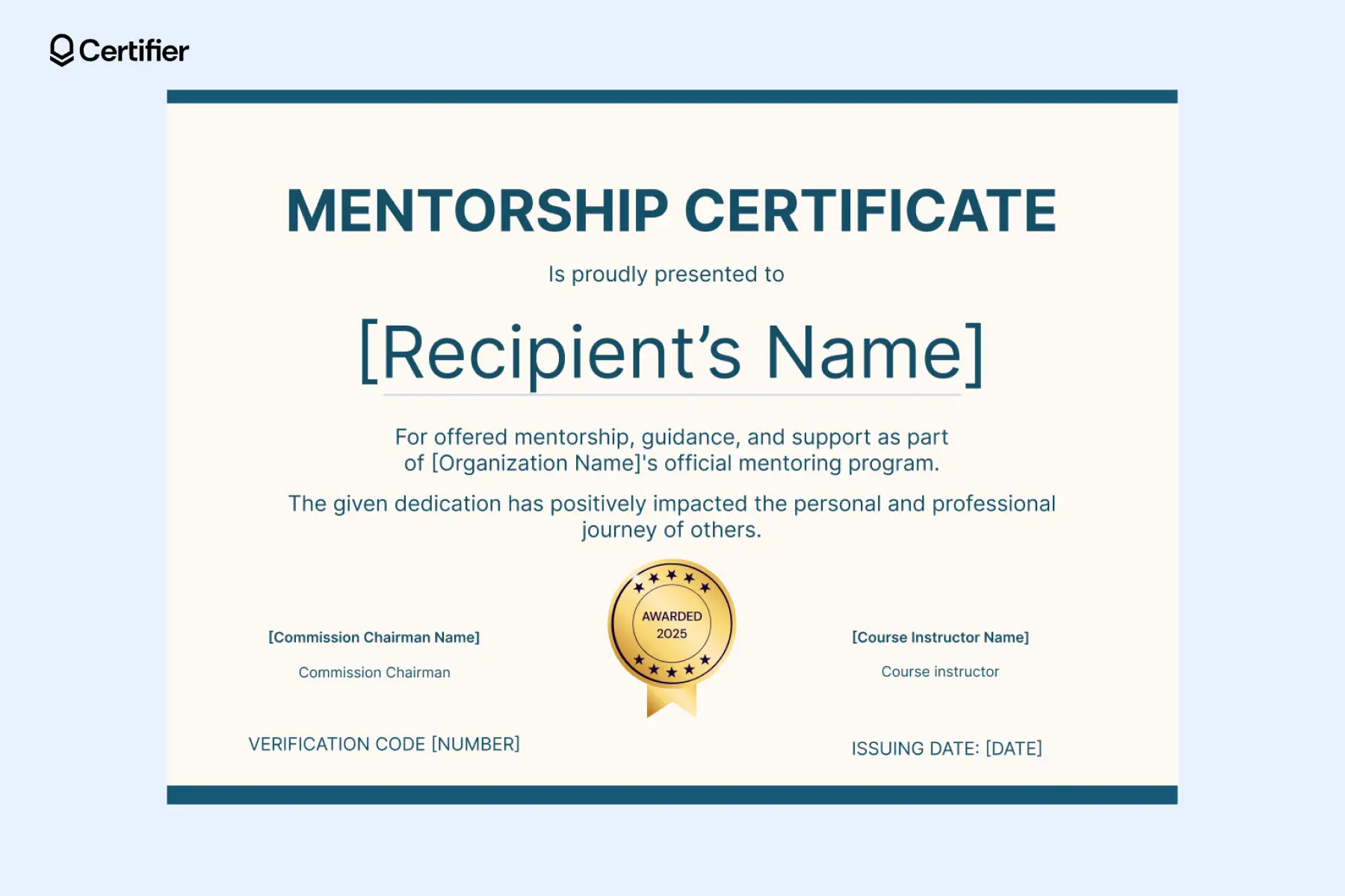 Simple mentorship certificate template recognizing mentor participation and dedication; this mentor certificate of appreciation features soft blue and beige colors with a golden seal. Simple mentorship certificate template recognizing mentor participation and dedication; this mentor certificate of appreciation features soft blue and beige colors with a golden seal.