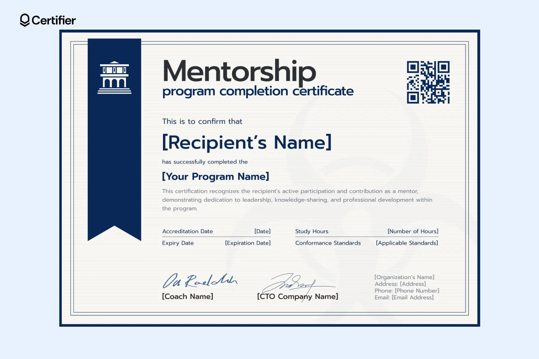 Classic framed mentorship mentor certificate template for verified completion and skill recognition with QR code on the left. Classic framed mentorship mentor certificate template for verified completion and skill recognition with QR code on the left.