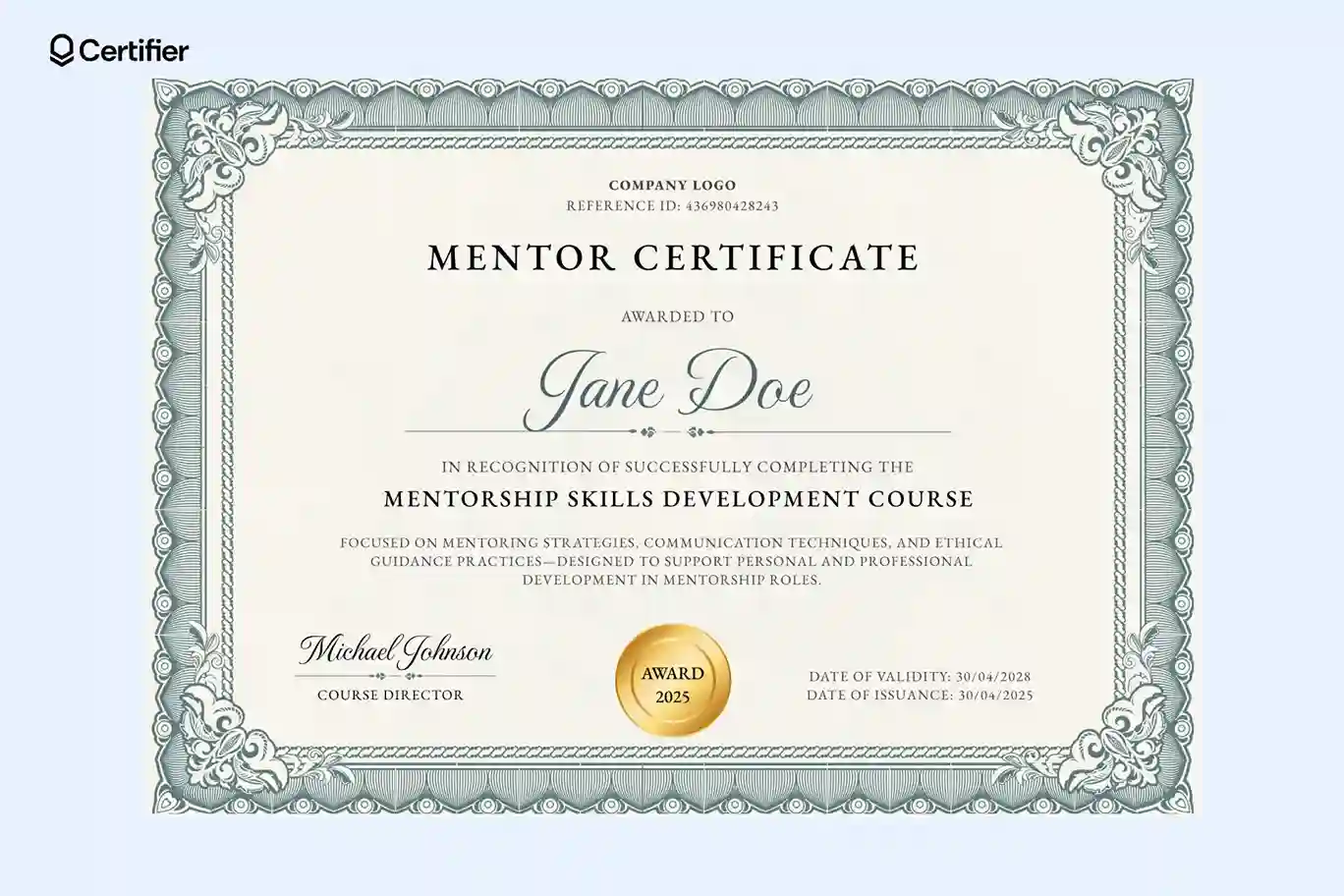 Traditional customizable mentor certificate design with gold badge, ideal for mentoring certificate program awards. Traditional customizable mentor certificate design with gold badge, ideal for mentoring certificate program awards.