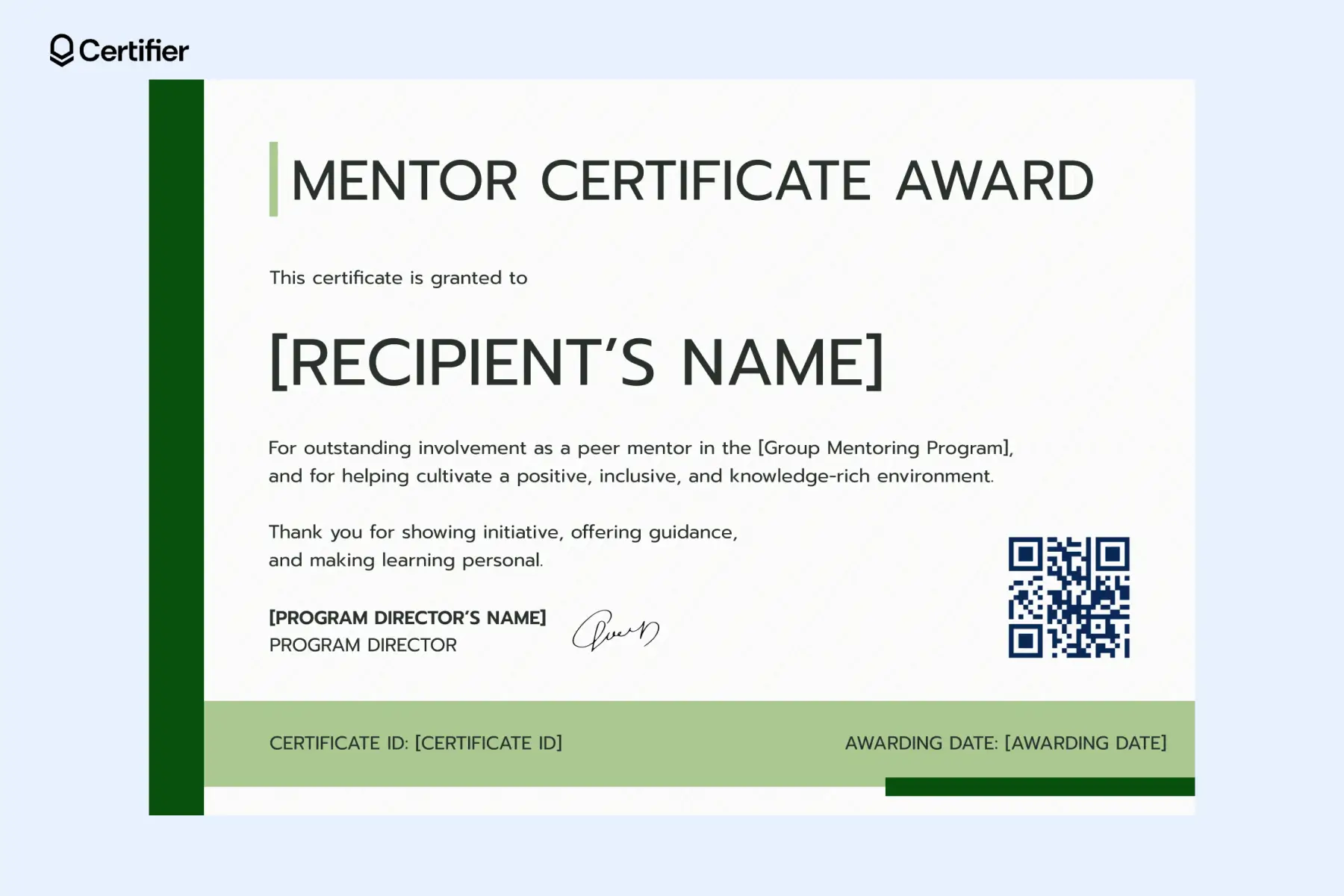Simple mentoring template doc in green colors for peer mentoring recognition with QR verification. Simple mentoring template doc in green colors for peer mentoring recognition with QR verification.