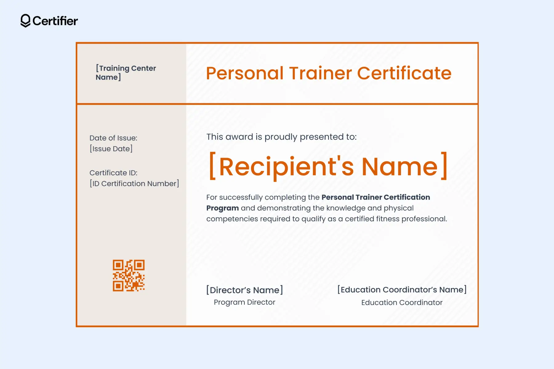 Orange-accented printable personal trainer certificate template with side-column layout and QR field. Orange-accented printable personal trainer certificate template with side-column layout and QR field.