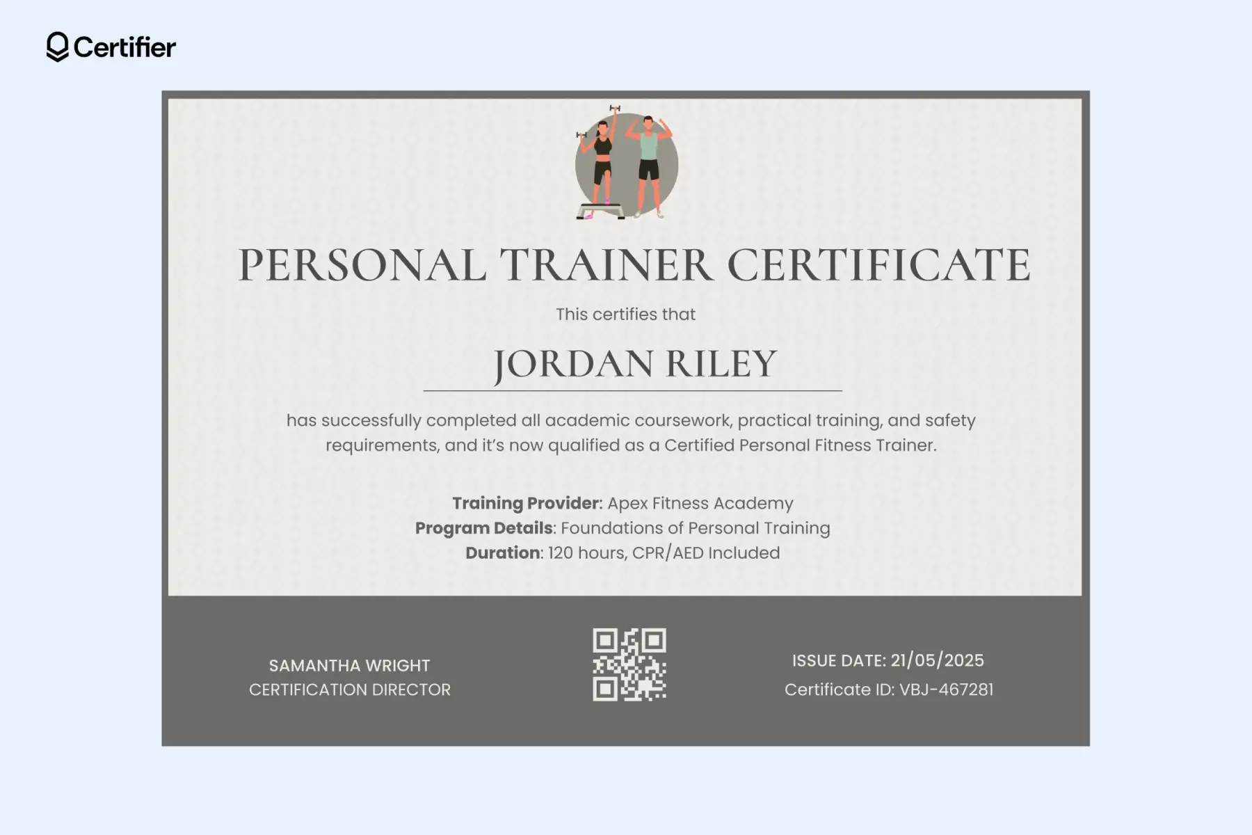 Illustrated personal fitness certificate template with course breakdown and provider info. Illustrated personal fitness certificate template with course breakdown and provider info.