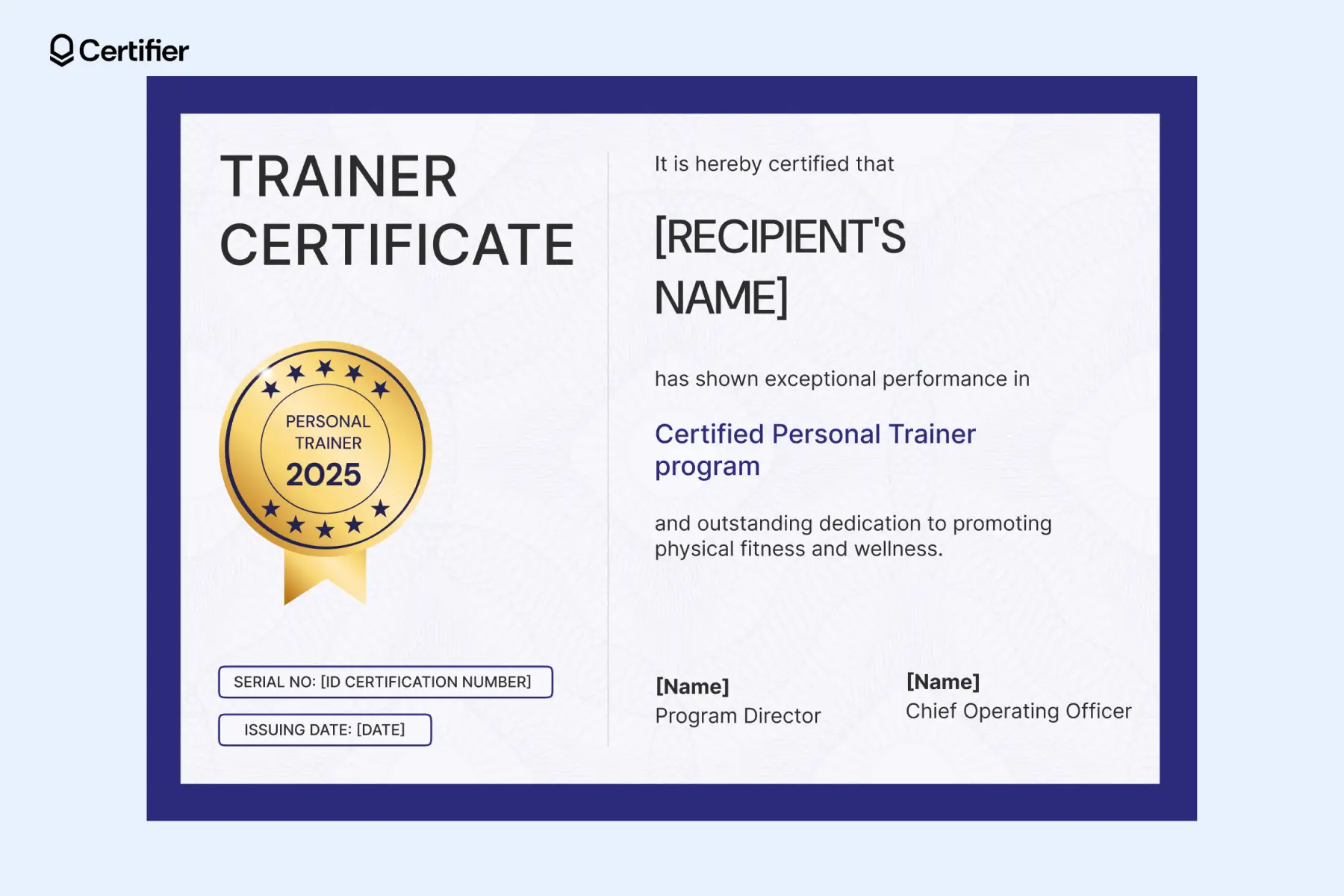Navy and white personal trainer certificate with gold badge and editable program details. Navy and white personal trainer certificate with gold badge and editable program details.