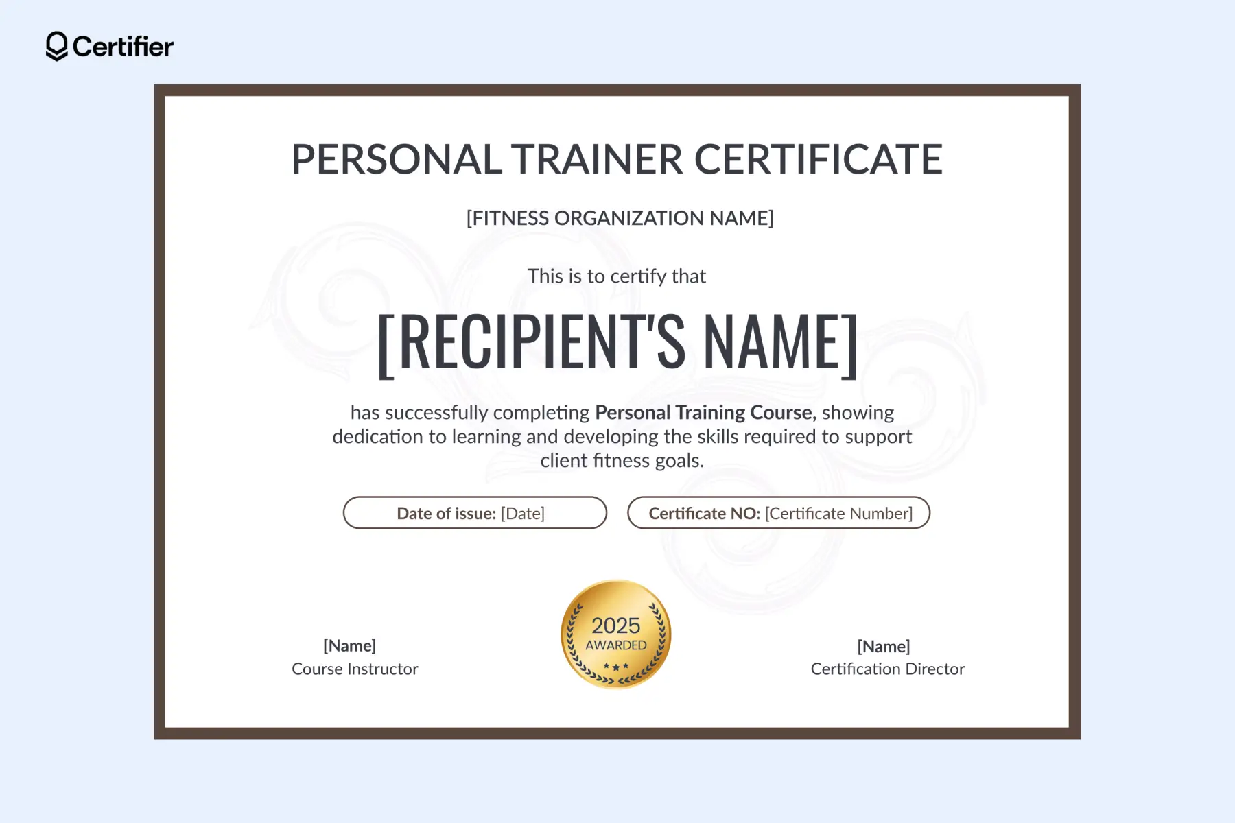 White printable personal trainer certificate with gold badge and centered course details. White printable personal trainer certificate with gold badge and centered course details.
