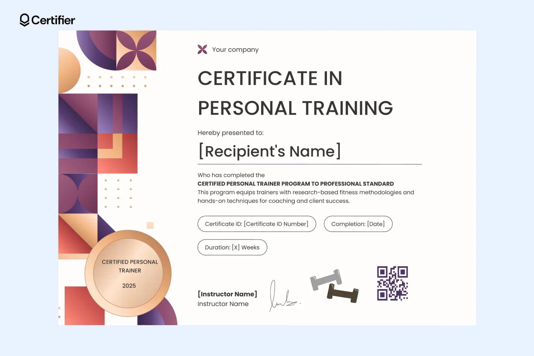 Colorful personal trainer certificate template with abstract shapes and badge element. Colorful personal trainer certificate template with abstract shapes and badge element.