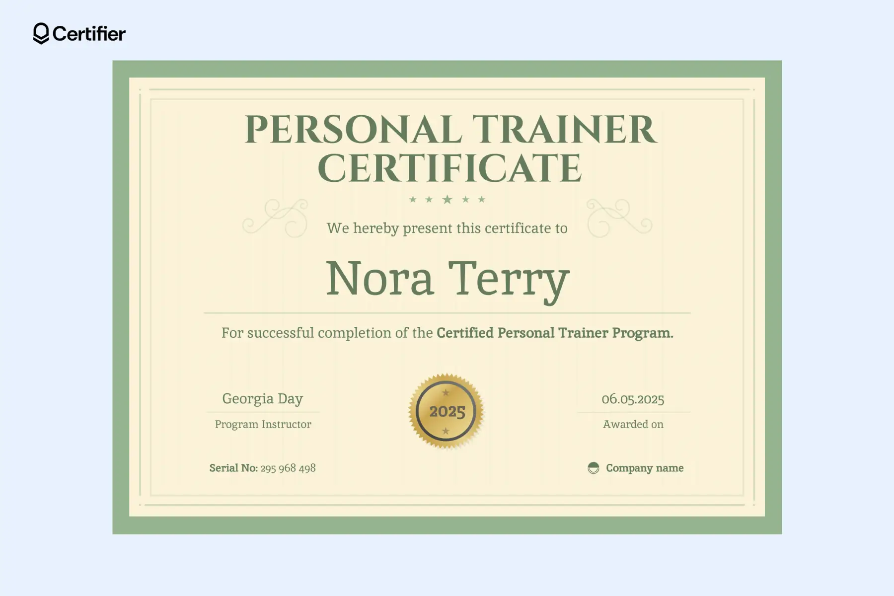 Vintage-inspired physical fitness award certificate template with green accents and gold seal; editable in a few clicks. Vintage-inspired physical fitness award certificate template with green accents and gold seal; editable in a few clicks.