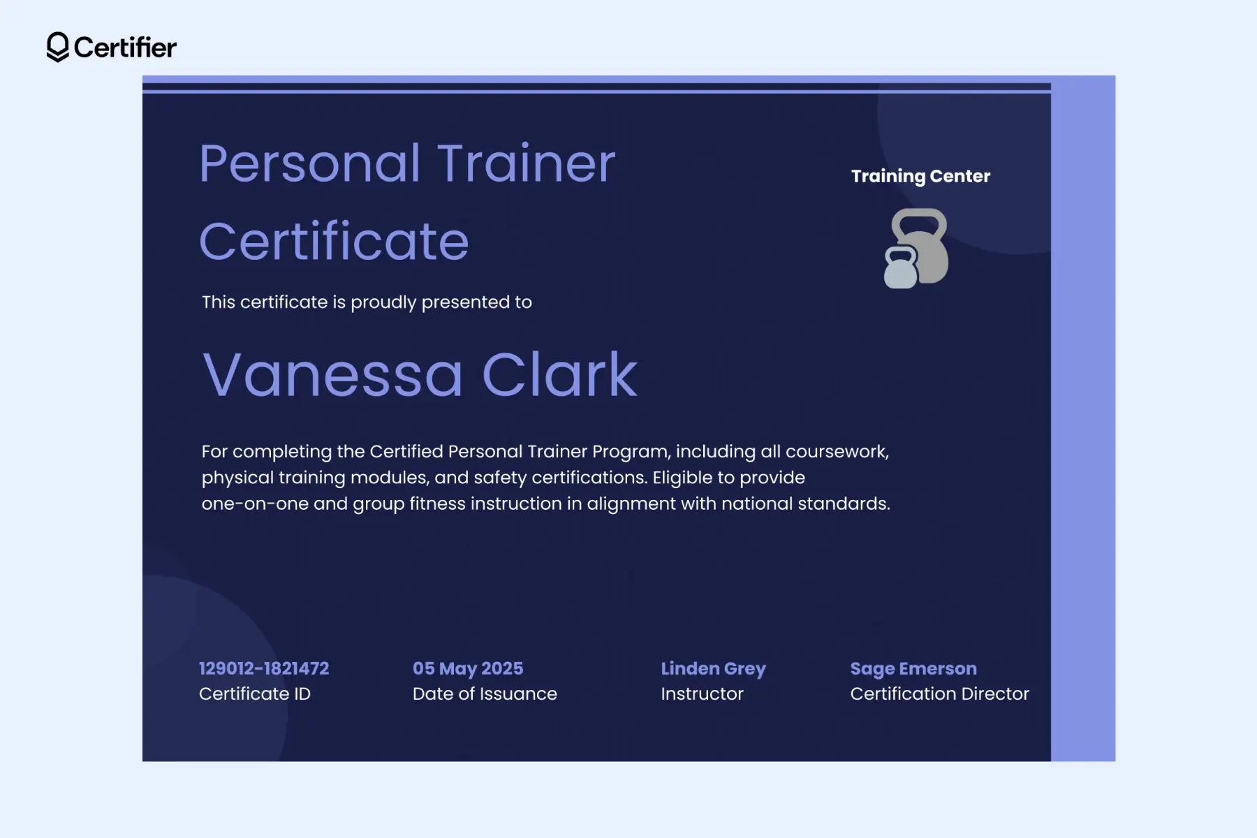 Blue and purple editable personal trainer gift certificate with kettlebell icon and four-column layout; the layout is simple with sans-serif fonts. Blue and purple editable personal trainer gift certificate with kettlebell icon and four-column layout; the layout is simple with sans-serif fonts.