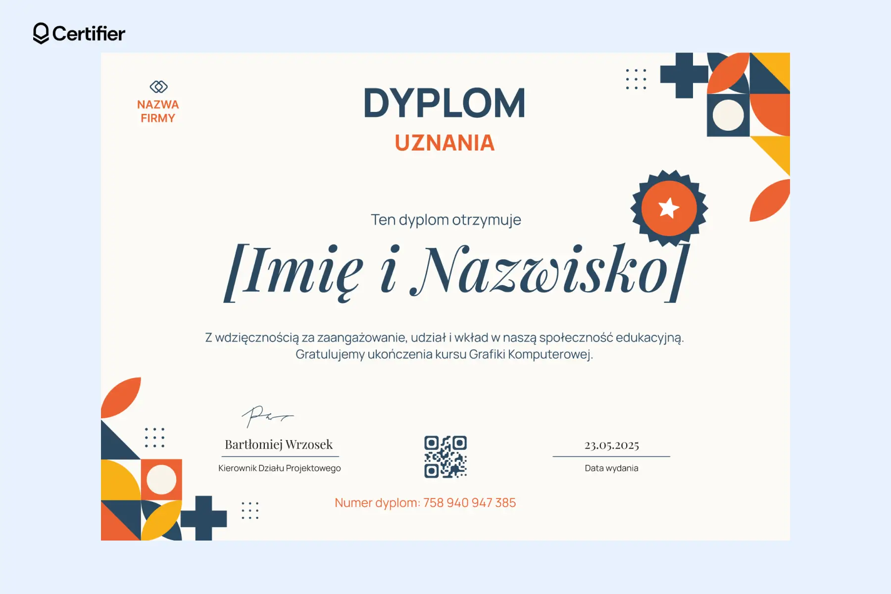 Dyplom uznania w stylu geometrycznym z elementami w odcieniach granatu i pomarańczy dla lojalnych klientów którzy często dodają produkty do koszyka. Dyplom uznania w stylu geometrycznym z elementami w odcieniach granatu i pomarańczy dla lojalnych klientów którzy często dodają produkty do koszyka.