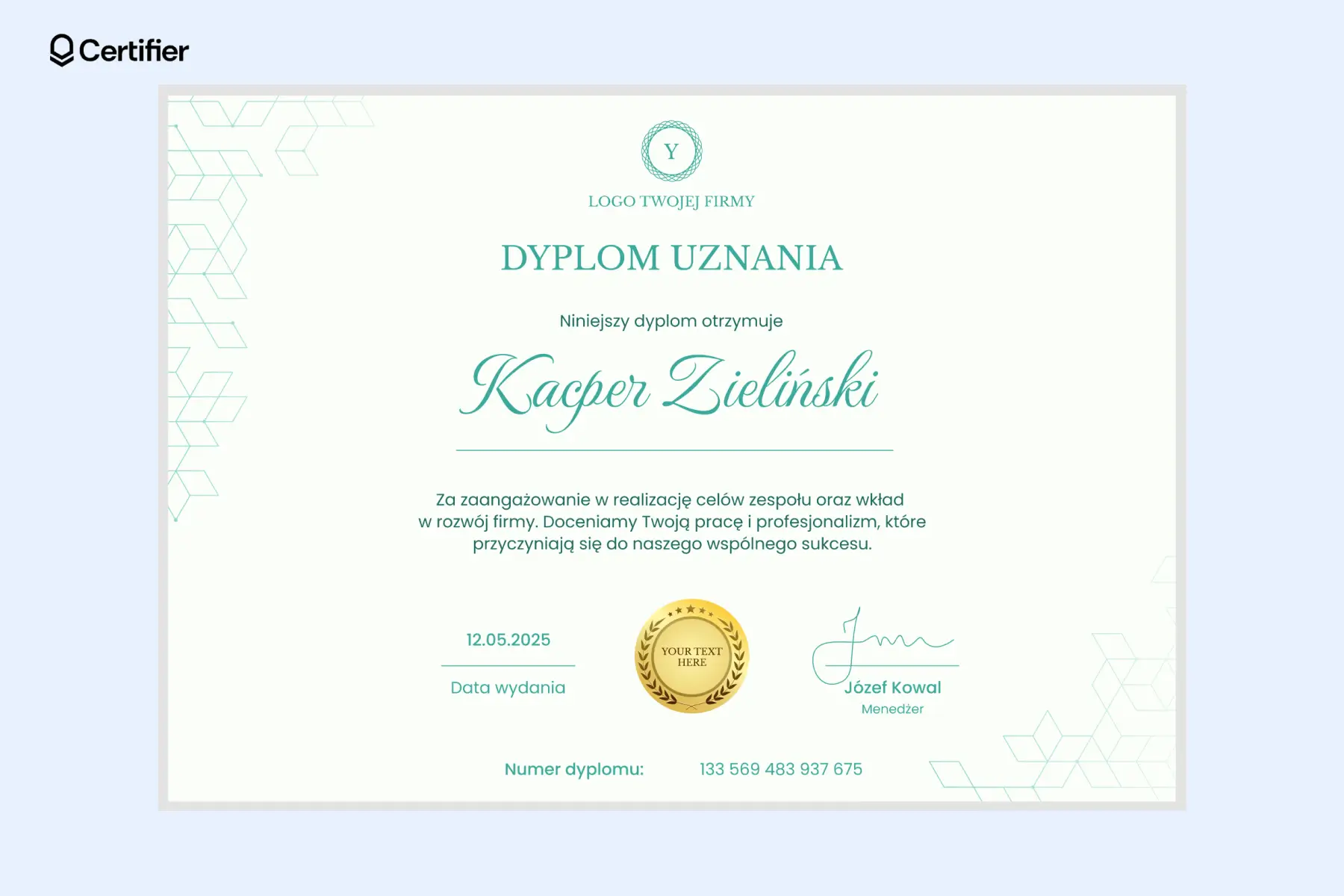 Elegancki dyplom uznania z motywem lauru, doskonały dla pracowników i zespołów—możesz go dopasować do każdego państwa; dyplom uznania treść jest w zielonym kolorze. Elegancki dyplom uznania z motywem lauru, doskonały dla pracowników i zespołów—możesz go dopasować do każdego państwa; dyplom uznania treść jest w zielonym kolorze.