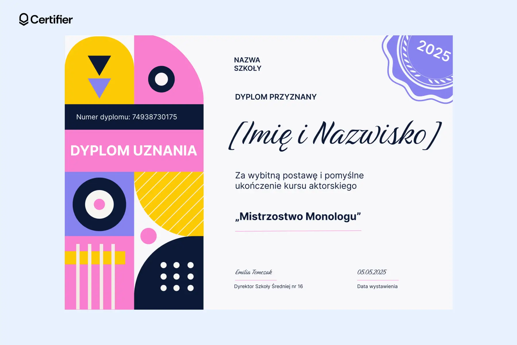 Kolorowy dyplom uznania z elementami retro—świetna opcja dla instytucji edukacyjnych i firm VAT-owych. Dyplom uznania treść do edycji. Kolorowy dyplom uznania z elementami retro—świetna opcja dla instytucji edukacyjnych i firm VAT-owych. Dyplom uznania treść do edycji.