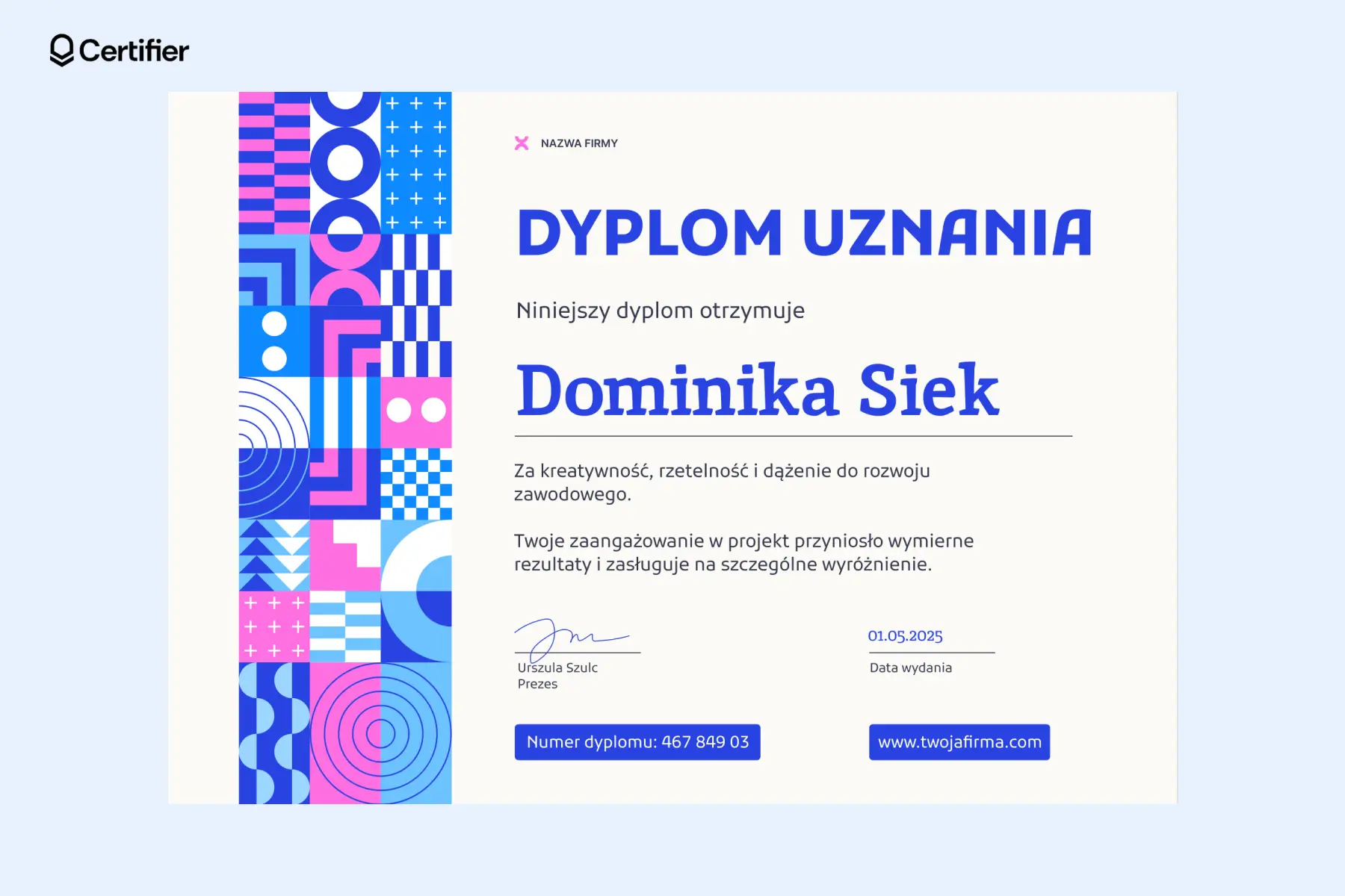 Nowoczesny dyplom uznania wzór z geometrycznymi blokami w odcieniach błękitu i różu. Nowoczesny dyplom uznania wzór z geometrycznymi blokami w odcieniach błękitu i różu.