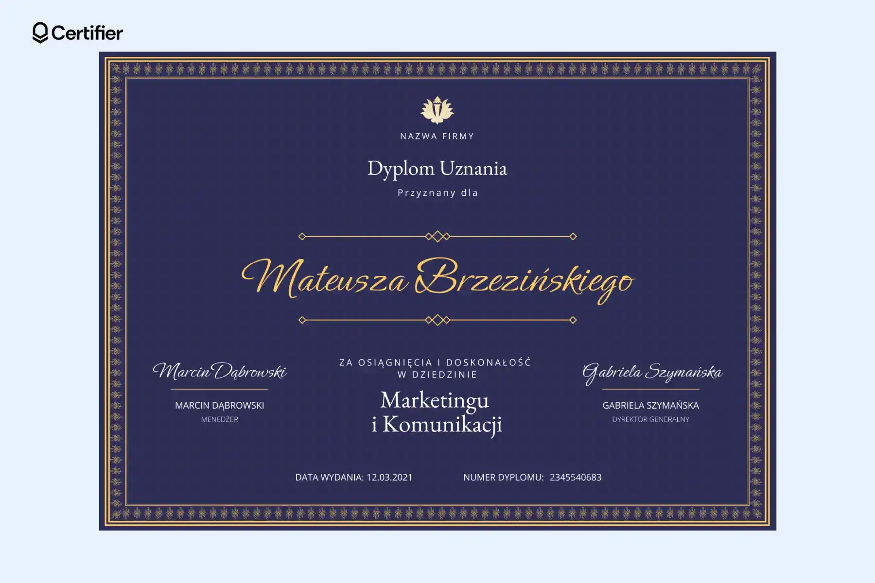 Luksusowy, ciemnoniebieski dyplom uznania z ozdobną ramką i złotymi akcentami, przeznaczony na dyplom uznania dla pracownika. Luksusowy, ciemnoniebieski dyplom uznania z ozdobną ramką i złotymi akcentami, przeznaczony na dyplom uznania dla pracownika.