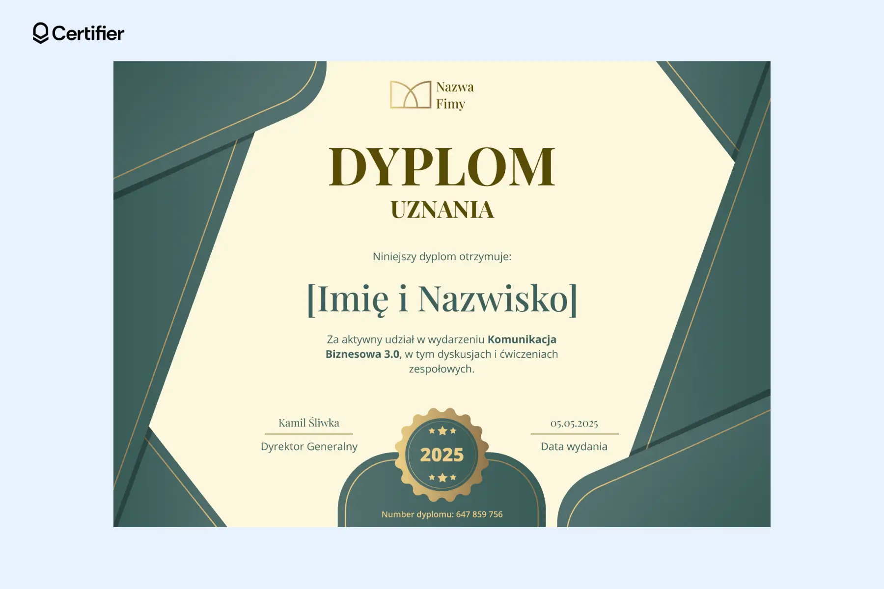 Dyplom uznania w kolorze butelkowej zieleni z kremowym środkiem i złotymi detalami–profesjonalny dyplom uznania dla pracownika wzór. Dyplom uznania w kolorze butelkowej zieleni z kremowym środkiem i złotymi detalami–profesjonalny dyplom uznania dla pracownika wzór.