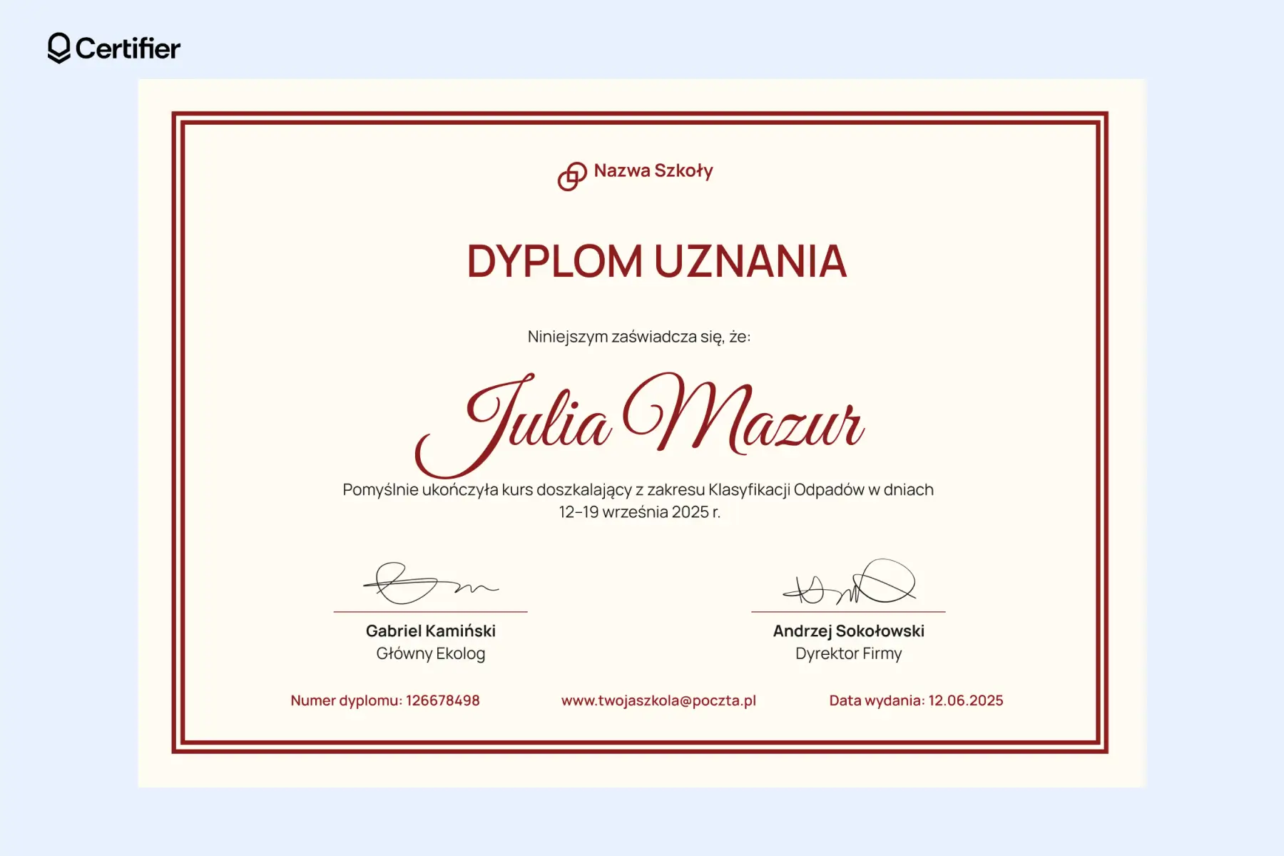 Dyplom uznania grafika w beżowo-bordowej kolorystyce z wyrazistą ramką—dynamiczny wzór idealny dla szkół i uczelni. Dyplom uznania grafika w beżowo-bordowej kolorystyce z wyrazistą ramką—dynamiczny wzór idealny dla szkół i uczelni.