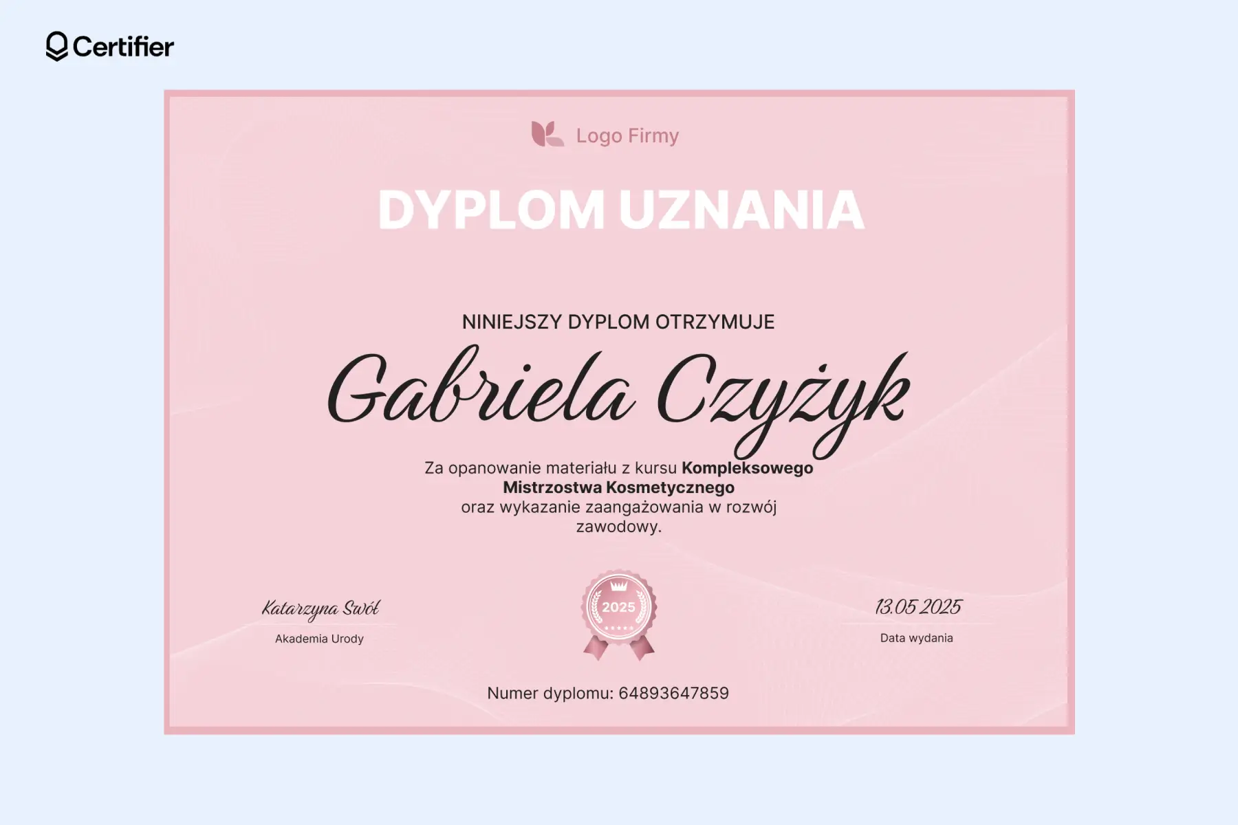 Pastelowy, różowy dyplom uznania dedykowany branży kosmetycznej i beauty z liniami fal i odznaką. Pastelowy, różowy dyplom uznania dedykowany branży kosmetycznej i beauty z liniami fal i odznaką.