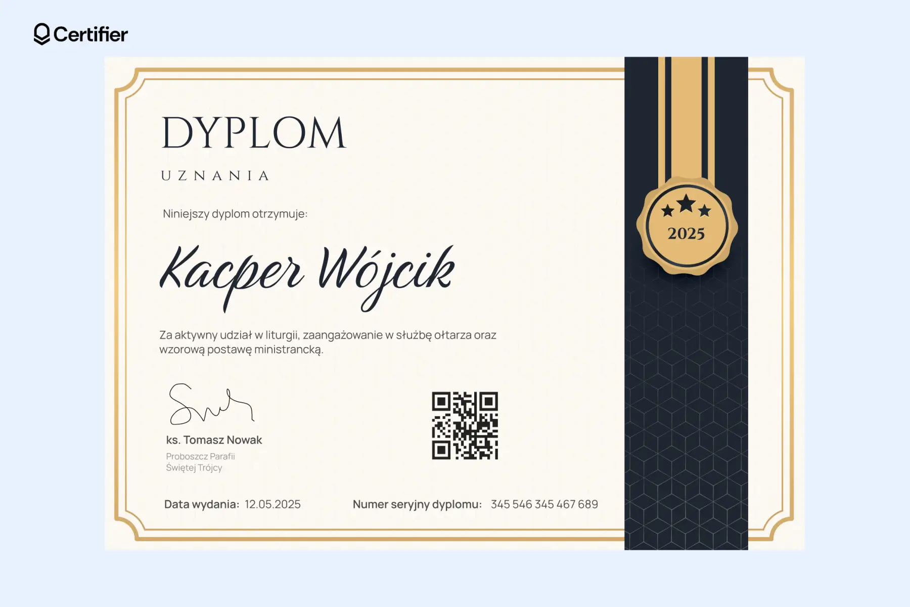 Dyplom uznania wzór z eleganckim złoto-granatowym paskiem po prawej stronie i rozetą z trzema gwiazdkami, idealny jako dyplom uznania dla ministranta. Dyplom uznania wzór z eleganckim złoto-granatowym paskiem po prawej stronie i rozetą z trzema gwiazdkami, idealny jako dyplom uznania dla ministranta.