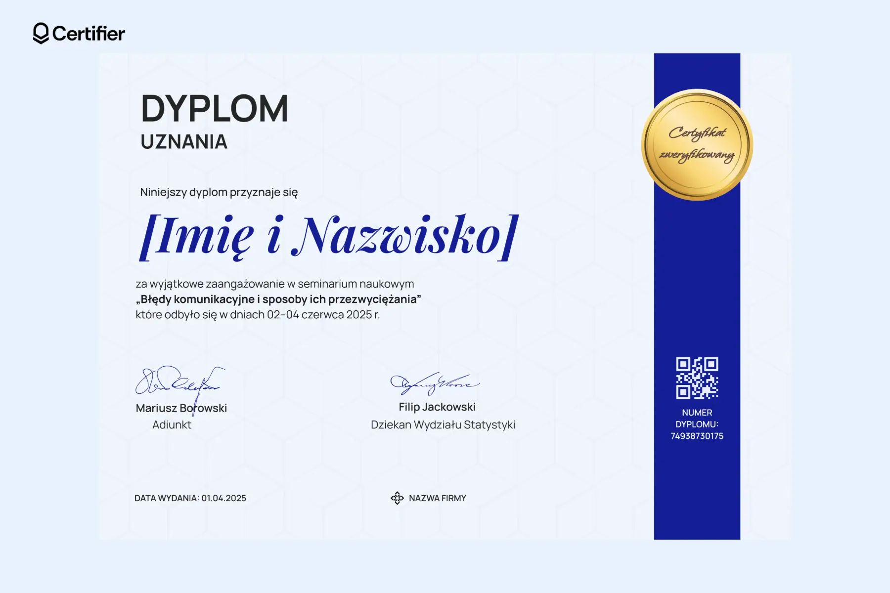 Dyplom uznania wzór z granatową wstęgą i złotą pieczęcią z trzema gwiazdkami – elegancki certyfikat uznania z geometrycznym tłem i wyraźną sekcją z kodem QR. Dyplom uznania wzór z granatową wstęgą i złotą pieczęcią z trzema gwiazdkami – elegancki certyfikat uznania z geometrycznym tłem i wyraźną sekcją z kodem QR.