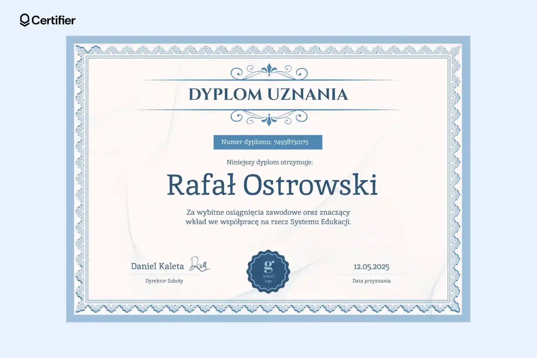 Niebieski dyplom uznania wzór z elegancką ramką i ornamentami w narożnikach, wyróżnioną czcionką, podpisem i pieczęcią. Niebieski dyplom uznania wzór z elegancką ramką i ornamentami w narożnikach, wyróżnioną czcionką, podpisem i pieczęcią.
