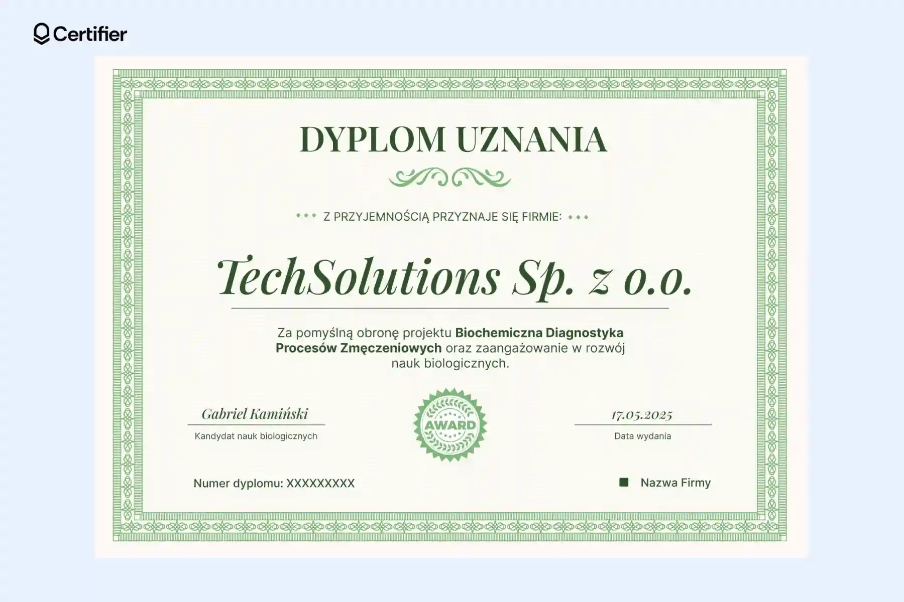 Zielony dyplom uznania dla firmy wzór z klasyczną ramką i falowanym tłem, z centralnym medalem i wyraźnym nagłówkiem. Zielony dyplom uznania dla firmy wzór z klasyczną ramką i falowanym tłem, z centralnym medalem i wyraźnym nagłówkiem.