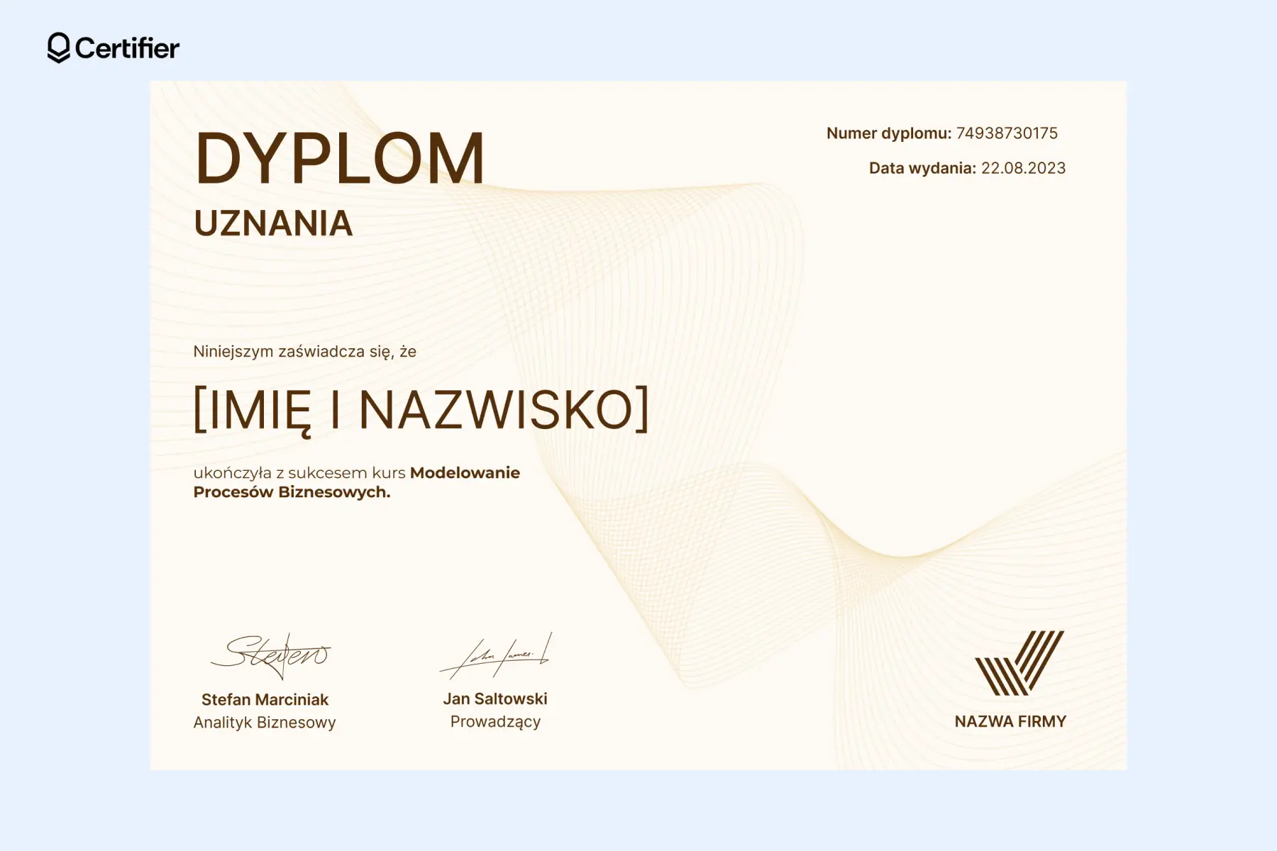 Dyplom uznania o eleganckim układzie i delikatnych, falujących liniach w tle, z brązową typografią i dwiema podpisanymi sekcjami na dole. Dyplom uznania o eleganckim układzie i delikatnych, falujących liniach w tle, z brązową typografią i dwiema podpisanymi sekcjami na dole.