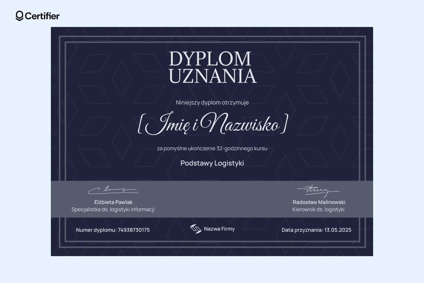 Nowoczesny dyplom uznania o ciemnym, minimalistycznym wyglądzie, z geometrycznym tłem i wyróżnionym paskiem na podpisy. Nowoczesny dyplom uznania o ciemnym, minimalistycznym wyglądzie, z geometrycznym tłem i wyróżnionym paskiem na podpisy.
