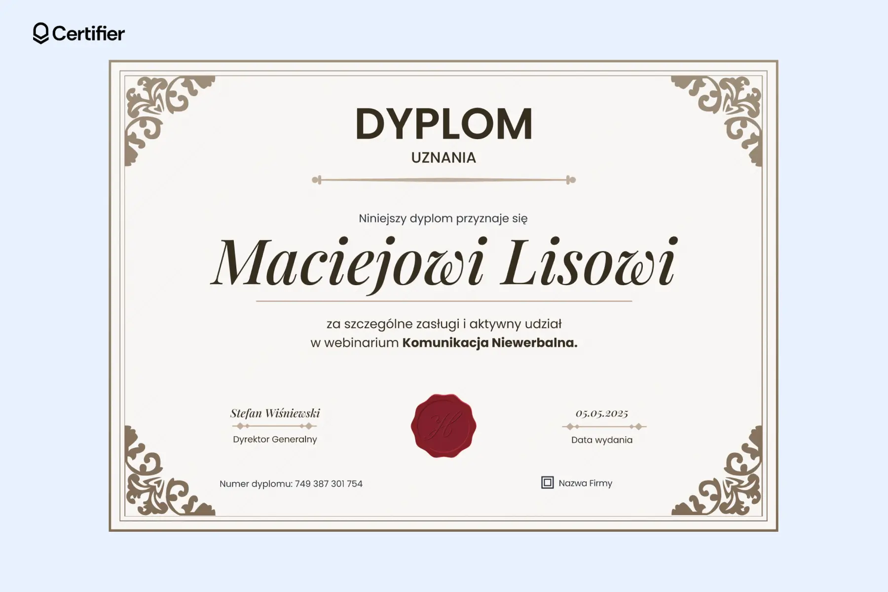 Dyplom uznania wzór w odcieniach beżu i brązu z dekoracyjnymi narożnikami i czerwonym lakowym znakiem na środku. Dyplom uznania wzór w odcieniach beżu i brązu z dekoracyjnymi narożnikami i czerwonym lakowym znakiem na środku.
