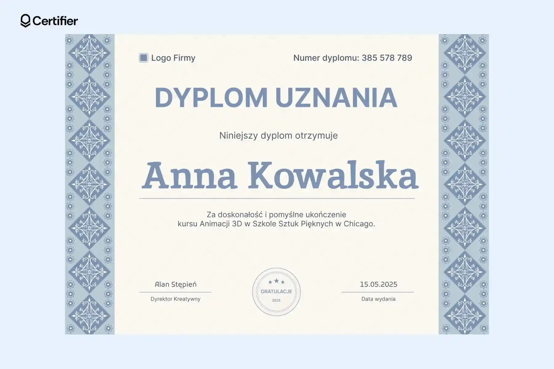 Dyplom uznania wzór do pobrania w klasycznym stylu z niebieską ramką ozdobną po bokach i dekoracyjnym fontem, przyznany za ukończenie kursu animacji 3D. Dyplom uznania wzór do pobrania w klasycznym stylu z niebieską ramką ozdobną po bokach i dekoracyjnym fontem, przyznany za ukończenie kursu animacji 3D.