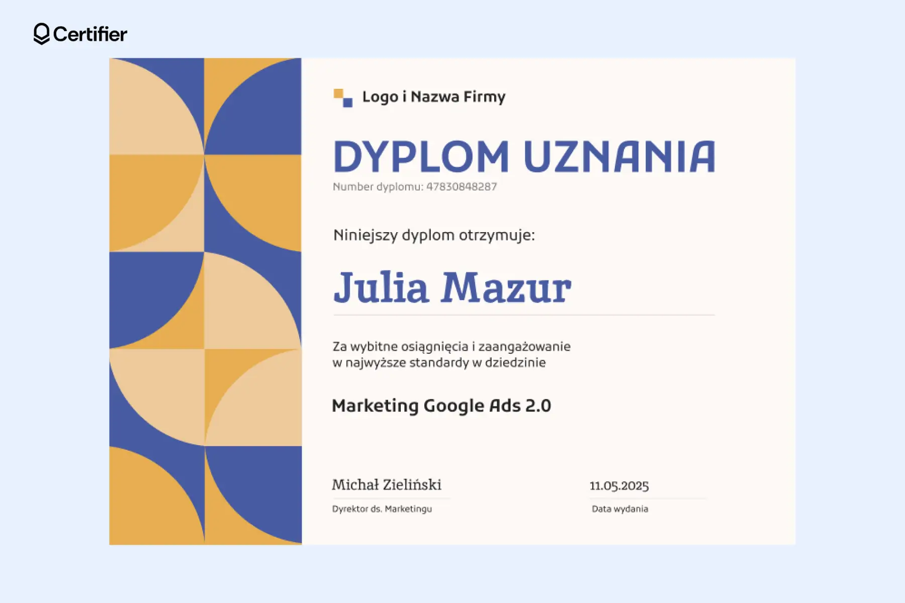 Dynamiczny dyplom uznania z geometrycznym motywem w kolorach żółci i błękitu—nowoczesny układ z nazwą kursu i wyróżnionym imieniem uczestnika. Dynamiczny dyplom uznania z geometrycznym motywem w kolorach żółci i błękitu—nowoczesny układ z nazwą kursu i wyróżnionym imieniem uczestnika.