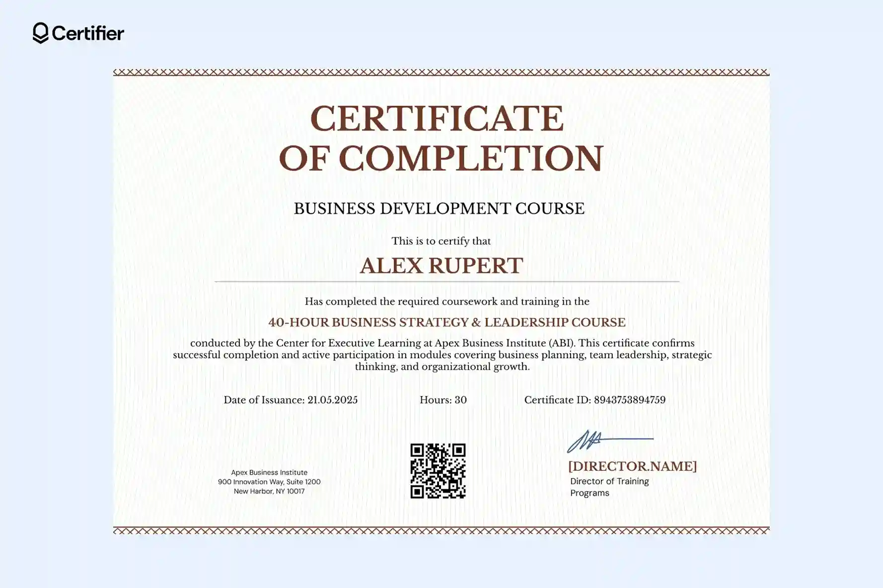 A minimalist free course completion certificate template ideal for leadership programs, featuring a QR code, e-signature, and contact information; this certificate template for course completion is designed in warm brown tones. A minimalist free course completion certificate template ideal for leadership programs, featuring a QR code, e-signature, and contact information; this certificate template for course completion is designed in warm brown tones.