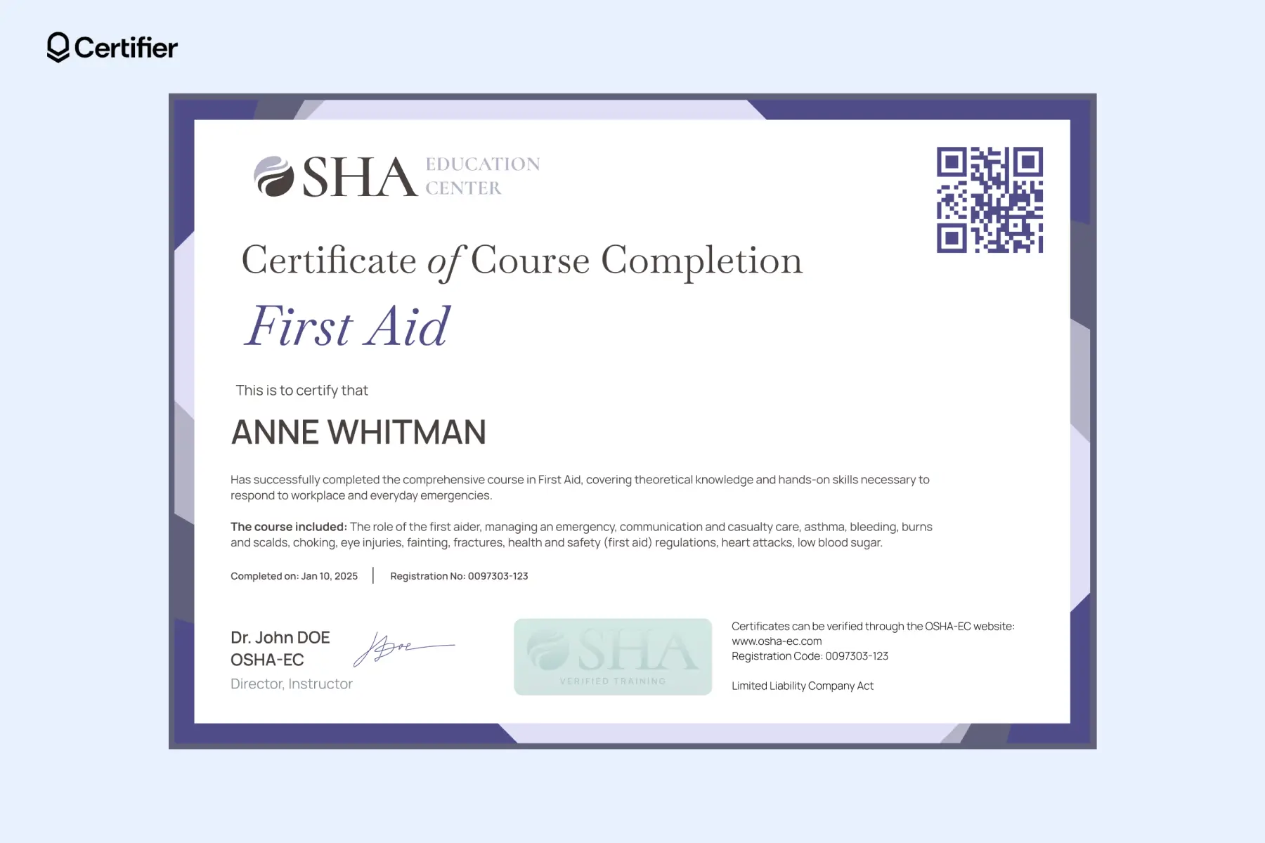 Verified online course completion certificate template featuring OSHA reference and QR verification, useful for training certificate and online course completion certificate needs. Verified online course completion certificate template featuring OSHA reference and QR verification, useful for training certificate and online course completion certificate needs.