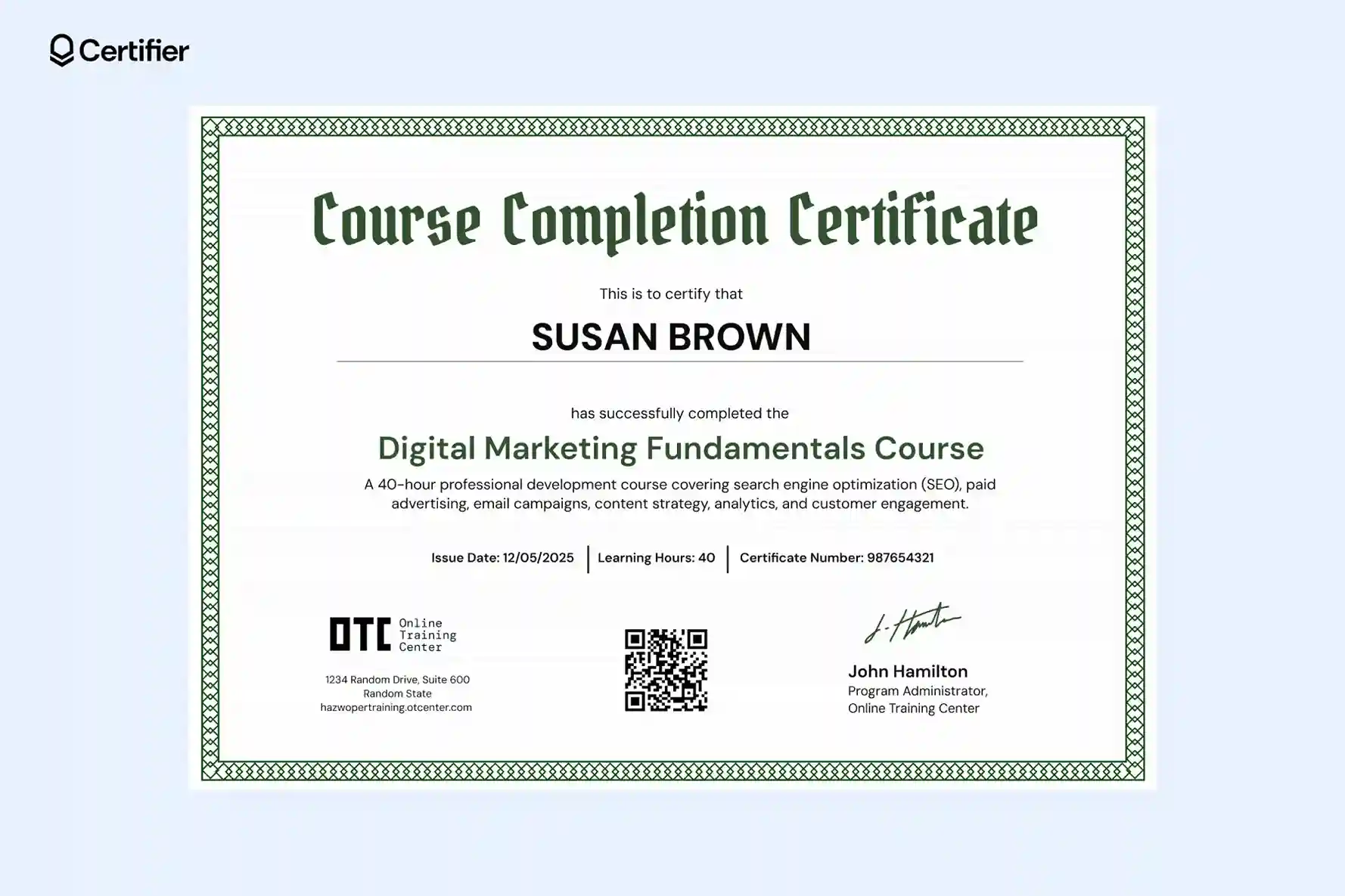 A bold certificate template for course completion in digital marketing with clear QR code validation company’s logo and green frame; it supports a course completion certificate template free download. A bold certificate template for course completion in digital marketing with clear QR code validation company’s logo and green frame; it supports a course completion certificate template free download.
