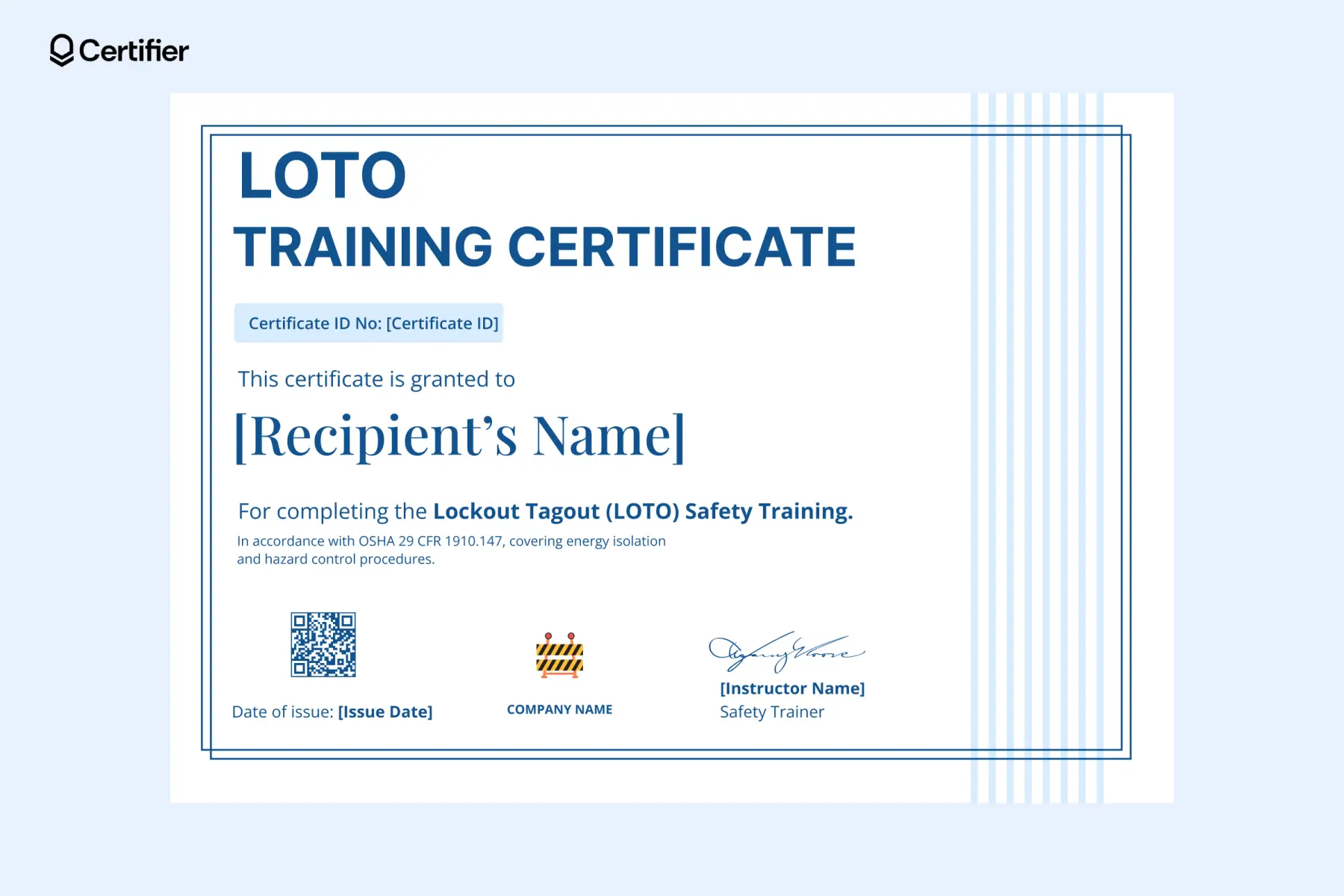 LOTO certificate template with bold blue header, QR code section and instructor signature fields. LOTO certificate template with bold blue header, QR code section and instructor signature fields.