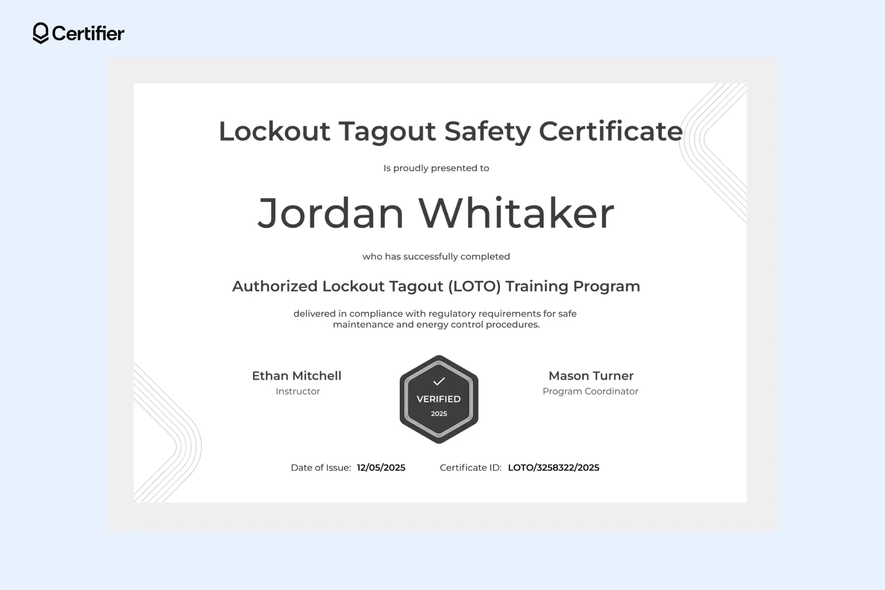 Lockout tagout procedure certificate template in grayscale with geometric corner accents and a black badge in the center. Lockout tagout procedure certificate template in grayscale with geometric corner accents and a black badge in the center.