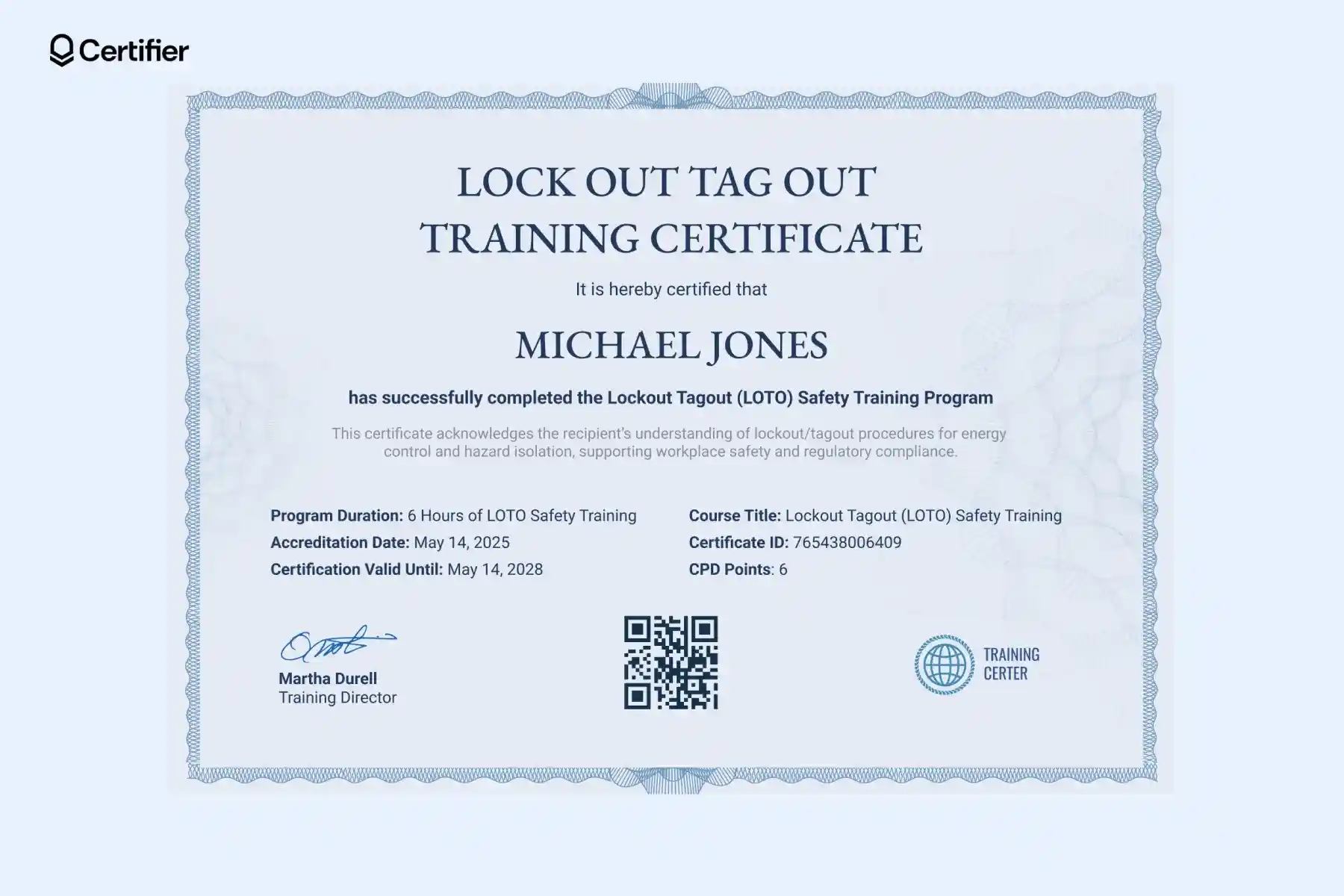 Blue-bordered lock out tag out training certificate template with CPD hours, QR code and unique ID. Blue-bordered lock out tag out training certificate template with CPD hours, QR code and unique ID.