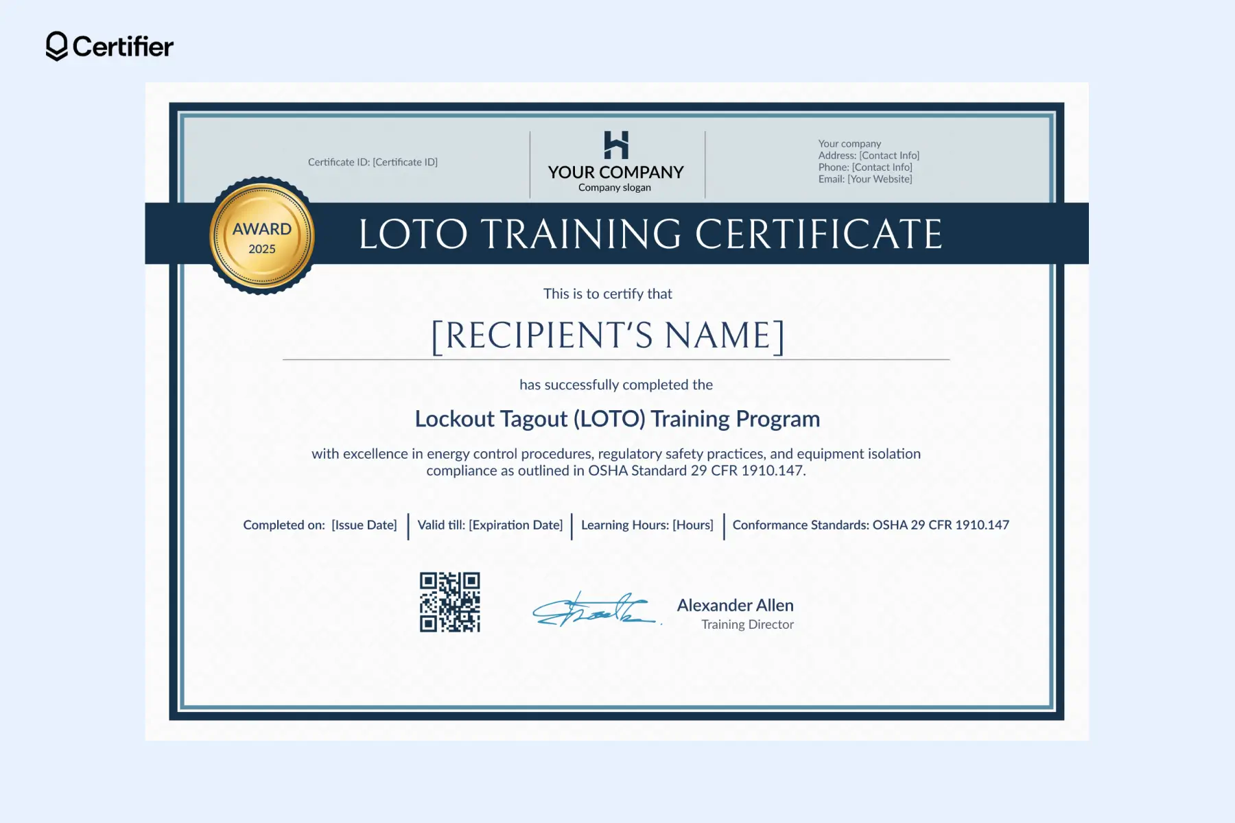 Printable lockout tagout certificate sample with gold ribbon badge and dark border for OSHA compliance. Printable lockout tagout certificate sample with gold ribbon badge and dark border for OSHA compliance.