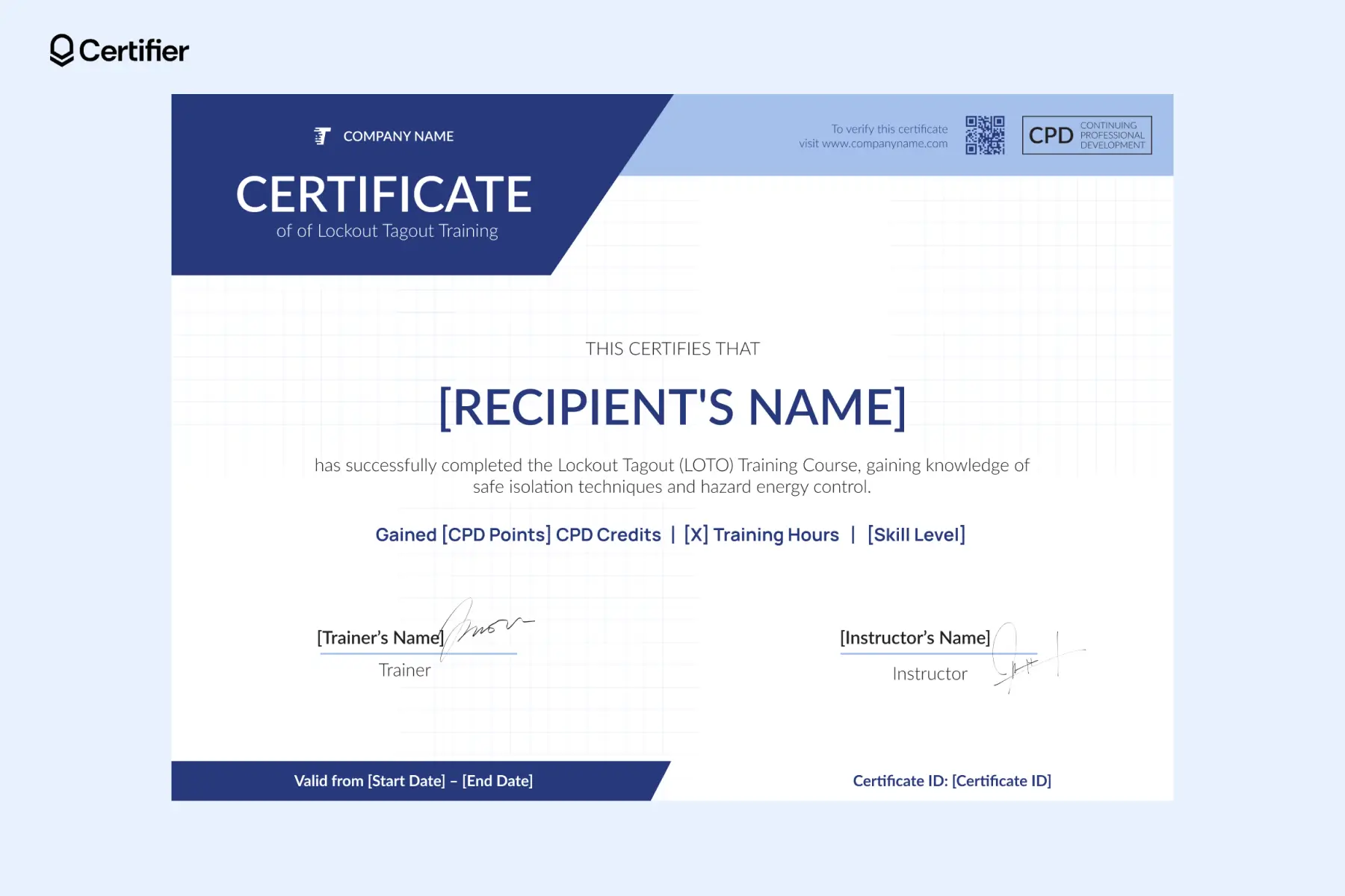 Editable LOTO certificate template with blue design and CPD credit strip; this lock out tag out training certificate template features notebook-like background and a place for signatures. Editable LOTO certificate template with blue design and CPD credit strip; this lock out tag out training certificate template features notebook-like background and a place for signatures.