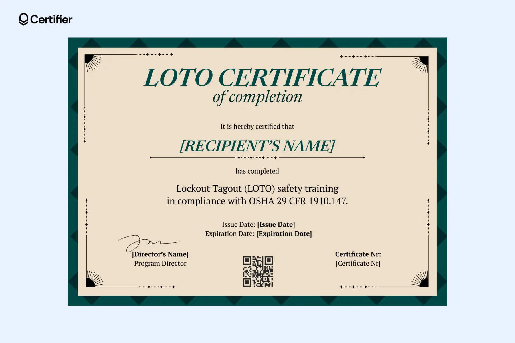 Lockout tagout training certificate template with retro beige border and OSHA compliance text. Lockout tagout training certificate template with retro beige border and OSHA compliance text.
