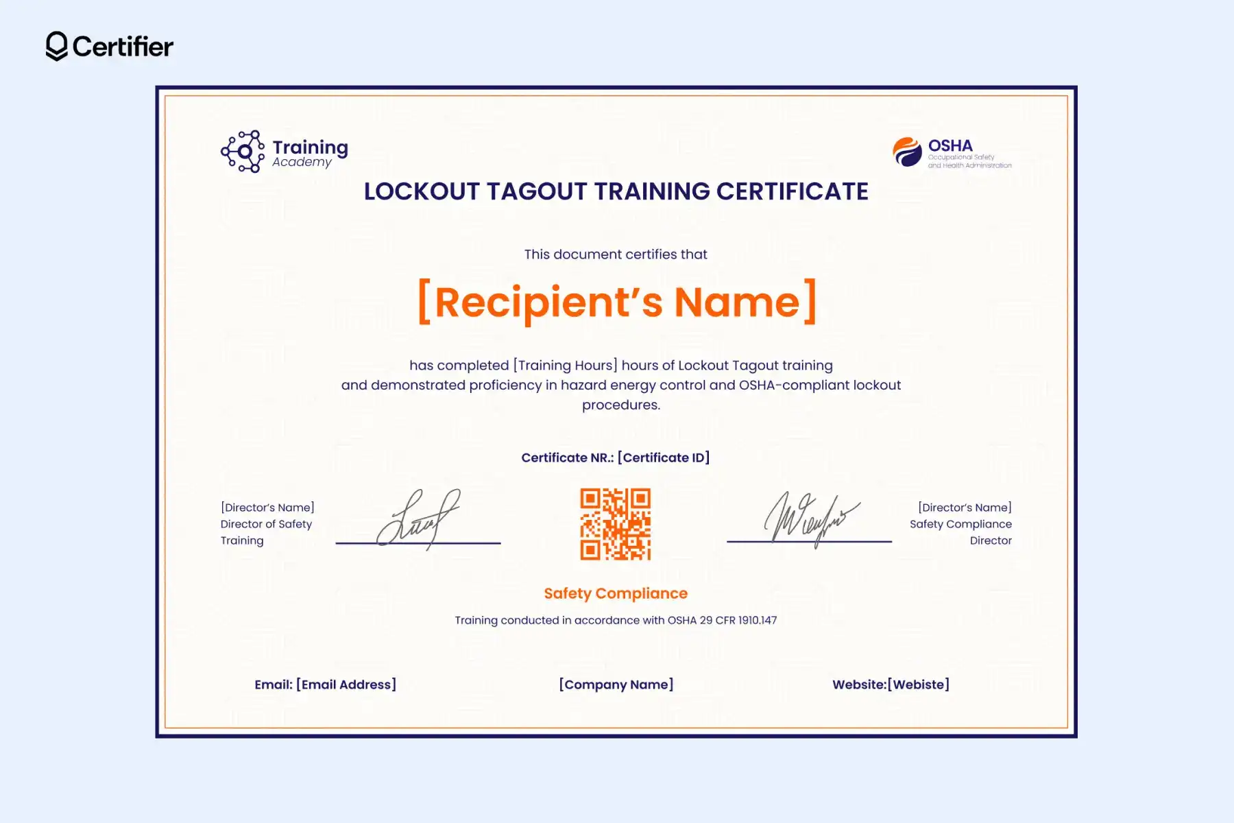Lockout tagout training certificate template with double signature section; this LOTO certificate template ensure compliance with OSHA regulations and give you guidance where is key info. Lockout tagout training certificate template with double signature section; this LOTO certificate template ensure compliance with OSHA regulations and give you guidance where is key info.