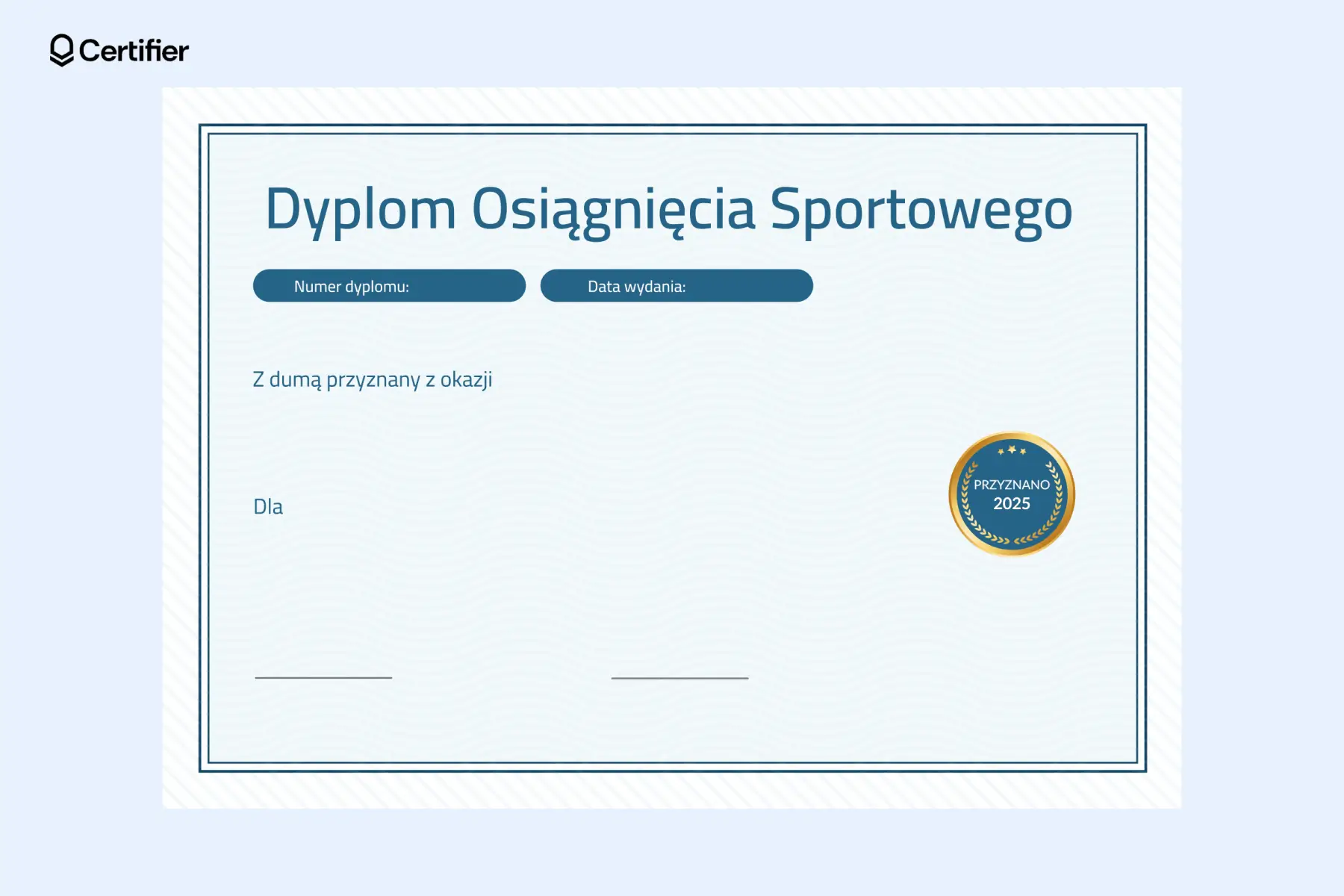 Dyplom pusty sport—szablon z niebieskim falowanym tłem, przeznaczony do wyróżnień, z polami na dane odbiorcy, datę wystawienia i numer dyplomu. Dyplom pusty sport—szablon z niebieskim falowanym tłem, przeznaczony do wyróżnień, z polami na dane odbiorcy, datę wystawienia i numer dyplomu.