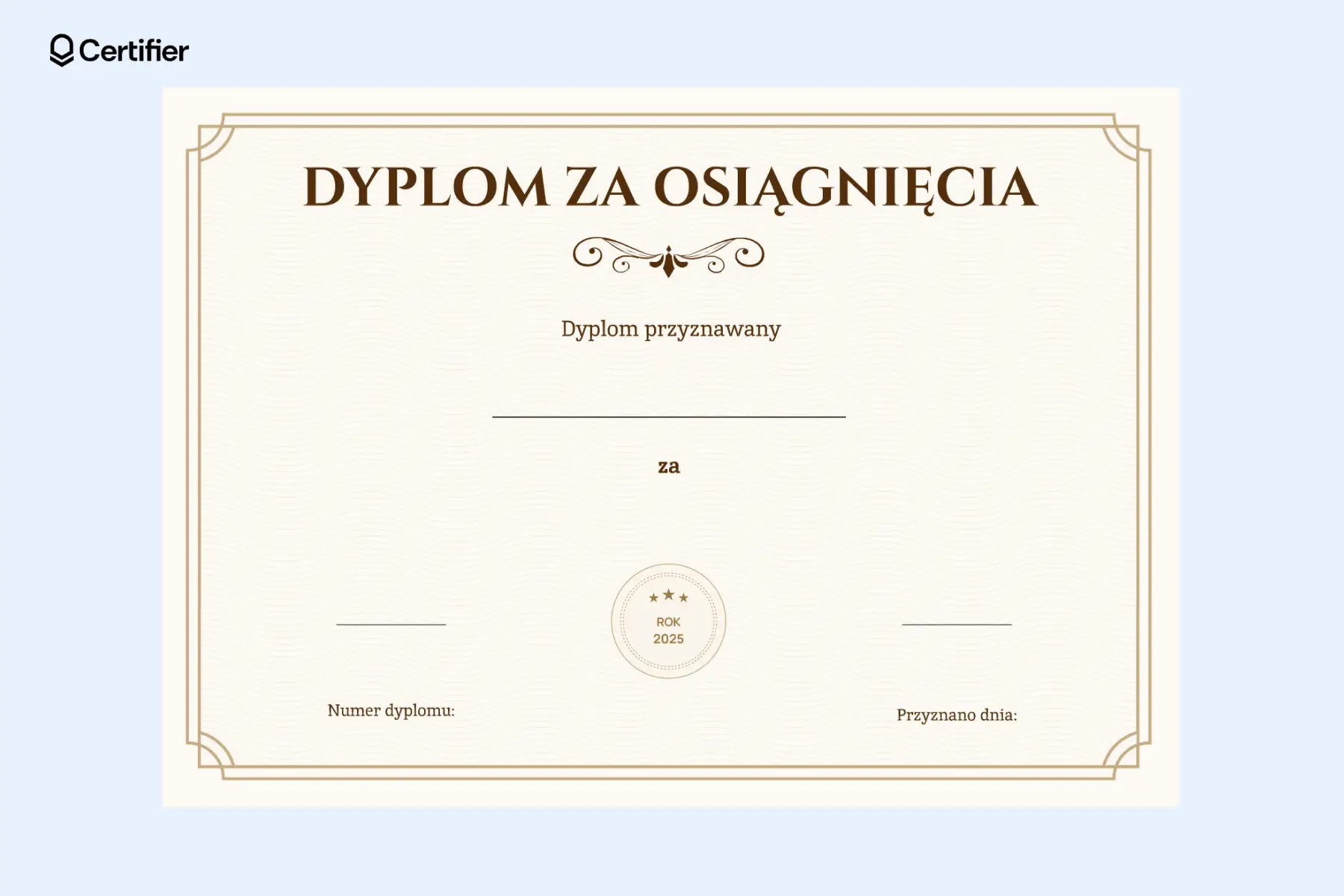Dyplom pusty sport–idealny z okazji konkursu, z klasyczną złotą ramką i polami na odbiorcę, powód wyróżnienia, numer dyplomu i datę certyfikacji. Dyplom pusty sport–idealny z okazji konkursu, z klasyczną złotą ramką i polami na odbiorcę, powód wyróżnienia, numer dyplomu i datę certyfikacji.