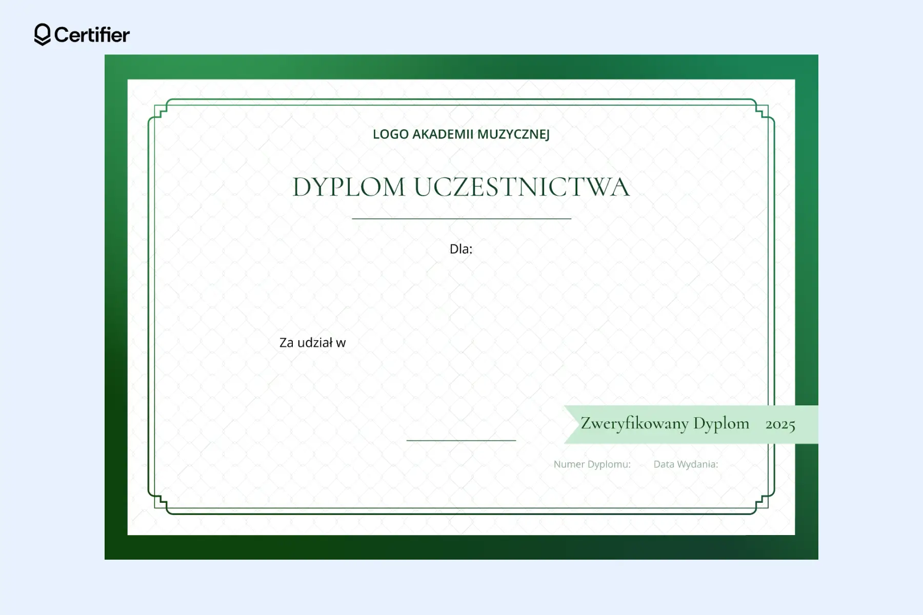Darmowy dyplom pusty muzyczny w zieleni z ozdobną ramką i polami na szczegóły nagrody, imię odbiorcy i znacznik weryfikacyjny; plik do edycji. Darmowy dyplom pusty muzyczny w zieleni z ozdobną ramką i polami na szczegóły nagrody, imię odbiorcy i znacznik weryfikacyjny; plik do edycji.
