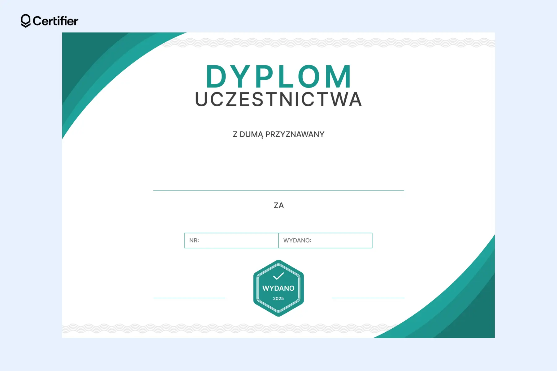 Edytowalny dyplom pusty dla dzieci do pobrania za darmo, przeznaczony do potwierdzenia uczestnictwa – z turkusowymi akcentami i polami na imię odbiorcy, cel, numer ID i datę wystawienia. Edytowalny dyplom pusty dla dzieci do pobrania za darmo, przeznaczony do potwierdzenia uczestnictwa – z turkusowymi akcentami i polami na imię odbiorcy, cel, numer ID i datę wystawienia.